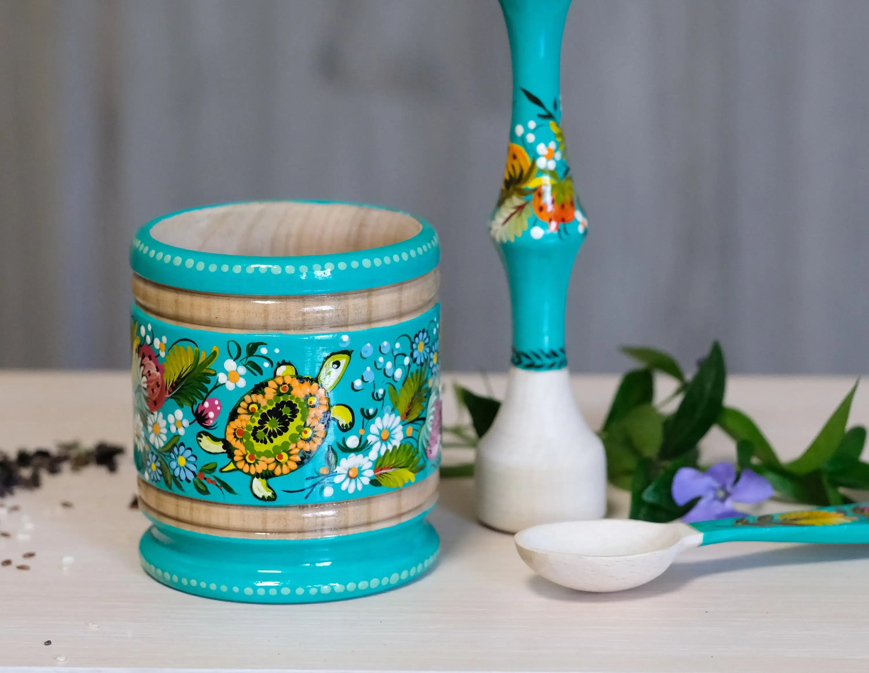 Wooden Mortar & Pestle set - Artisanal Painted Turquoise Turtle Crush Bowl, Handmade