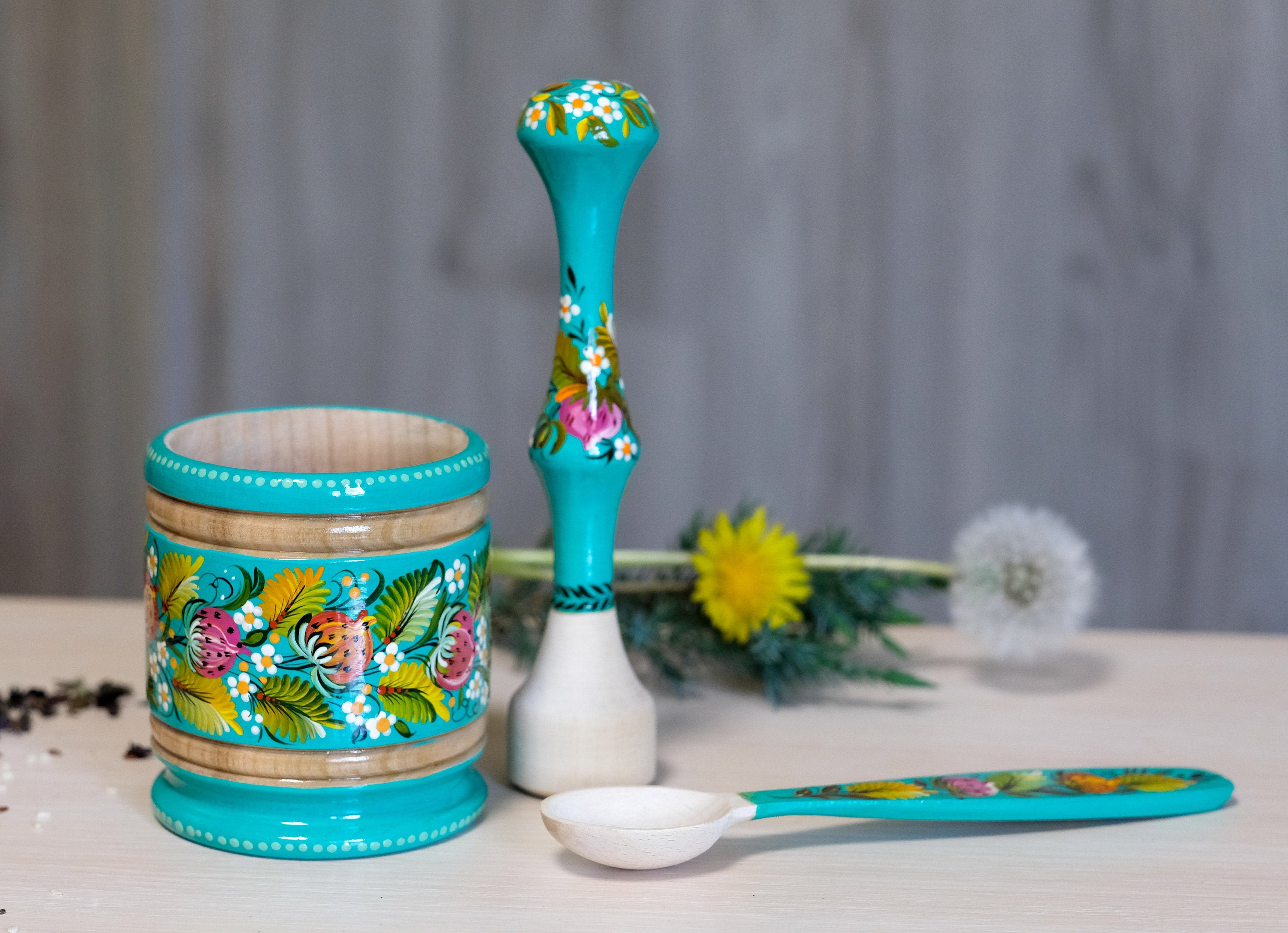 Wooden Mortar & Pestle set - Artisanal Painted Turquoise Turtle Crush Bowl, Handmade