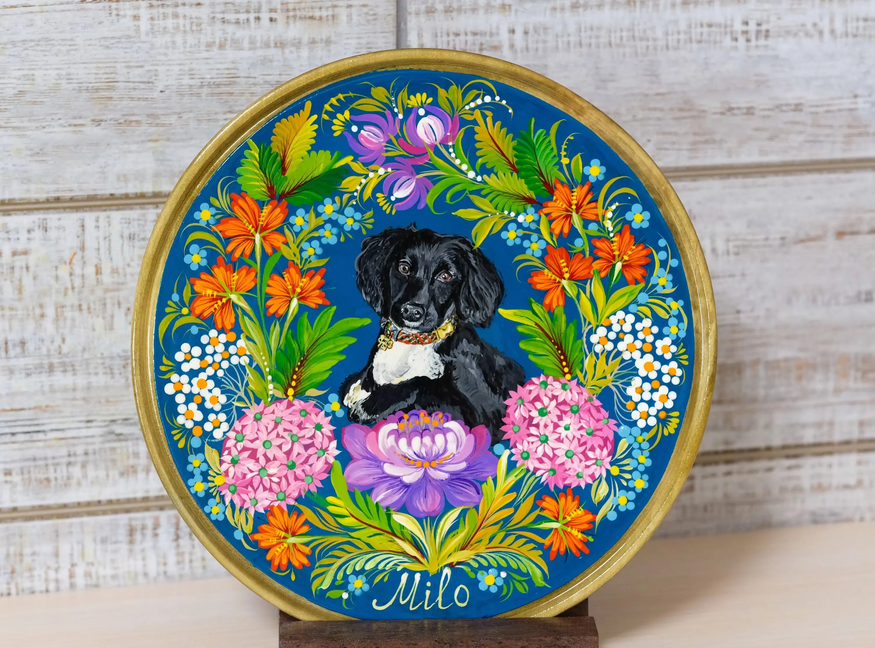 Custom Pet Portrait Painting on Wooden Plate - Personalized Pet Loss Memorial Gift, Animal Portrait Decorated with Petrykivka Art