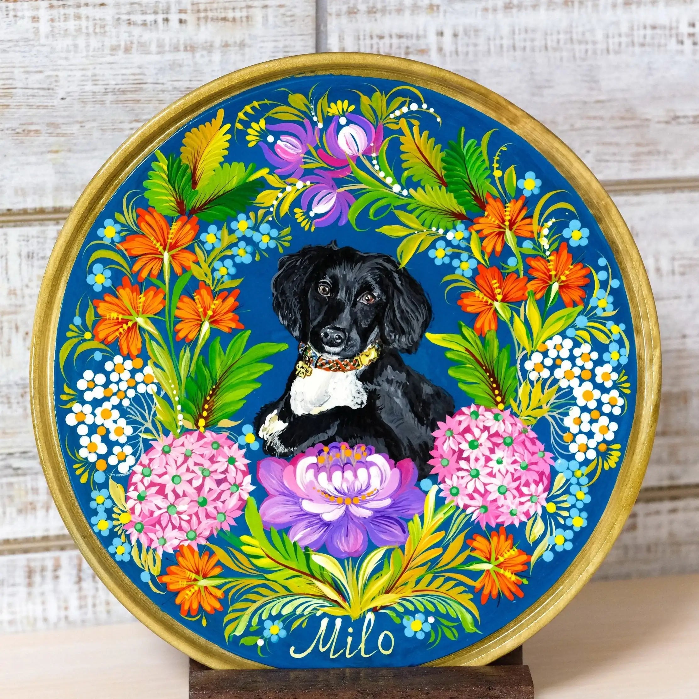 Custom Pet Portrait Painting on Wooden Plate - Personalized Pet Loss Memorial Gift, Animal Portrait Decorated with Petrykivka Art