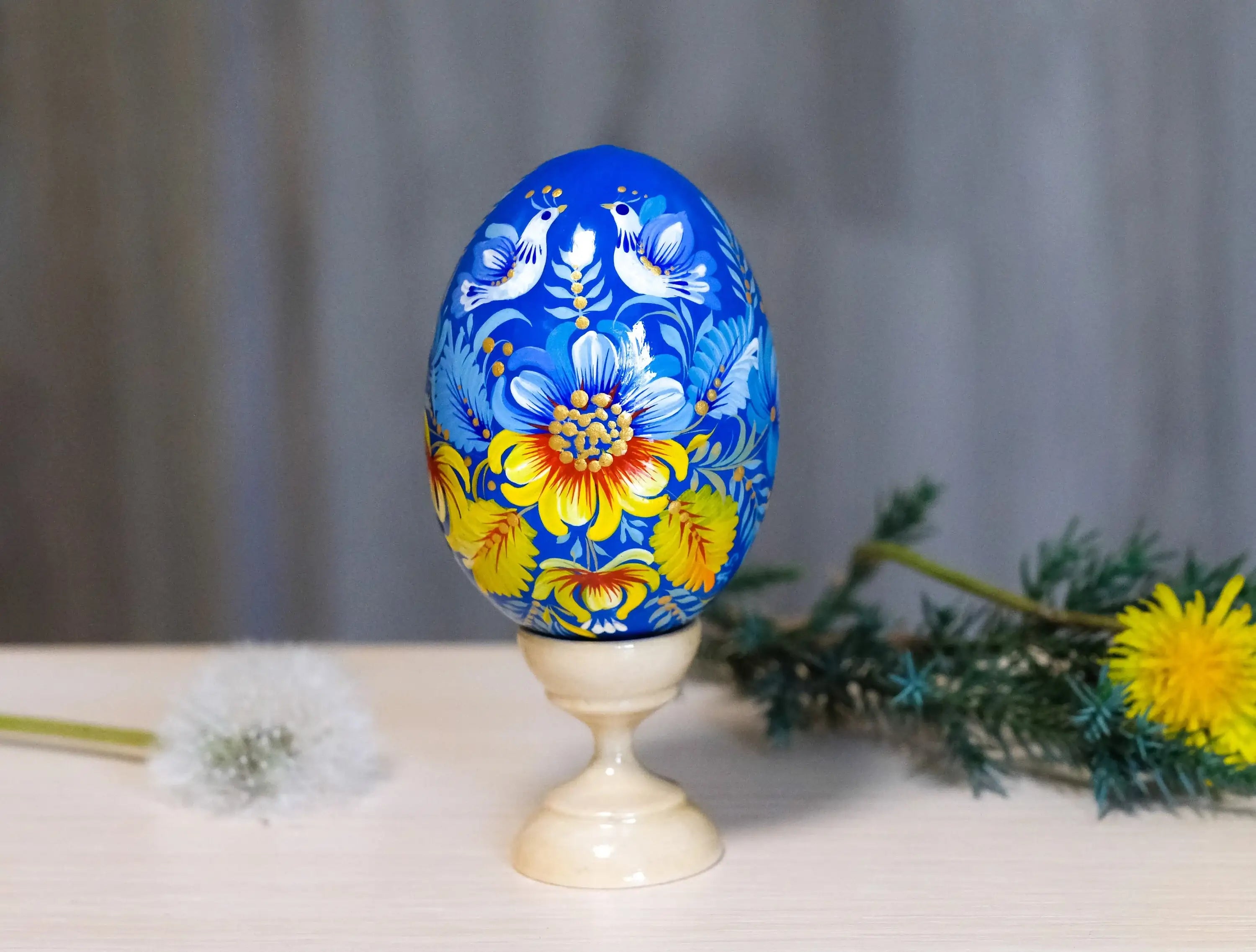 Large Blue & Yellow Ukrainian Easter Egg with Painted Pigeons