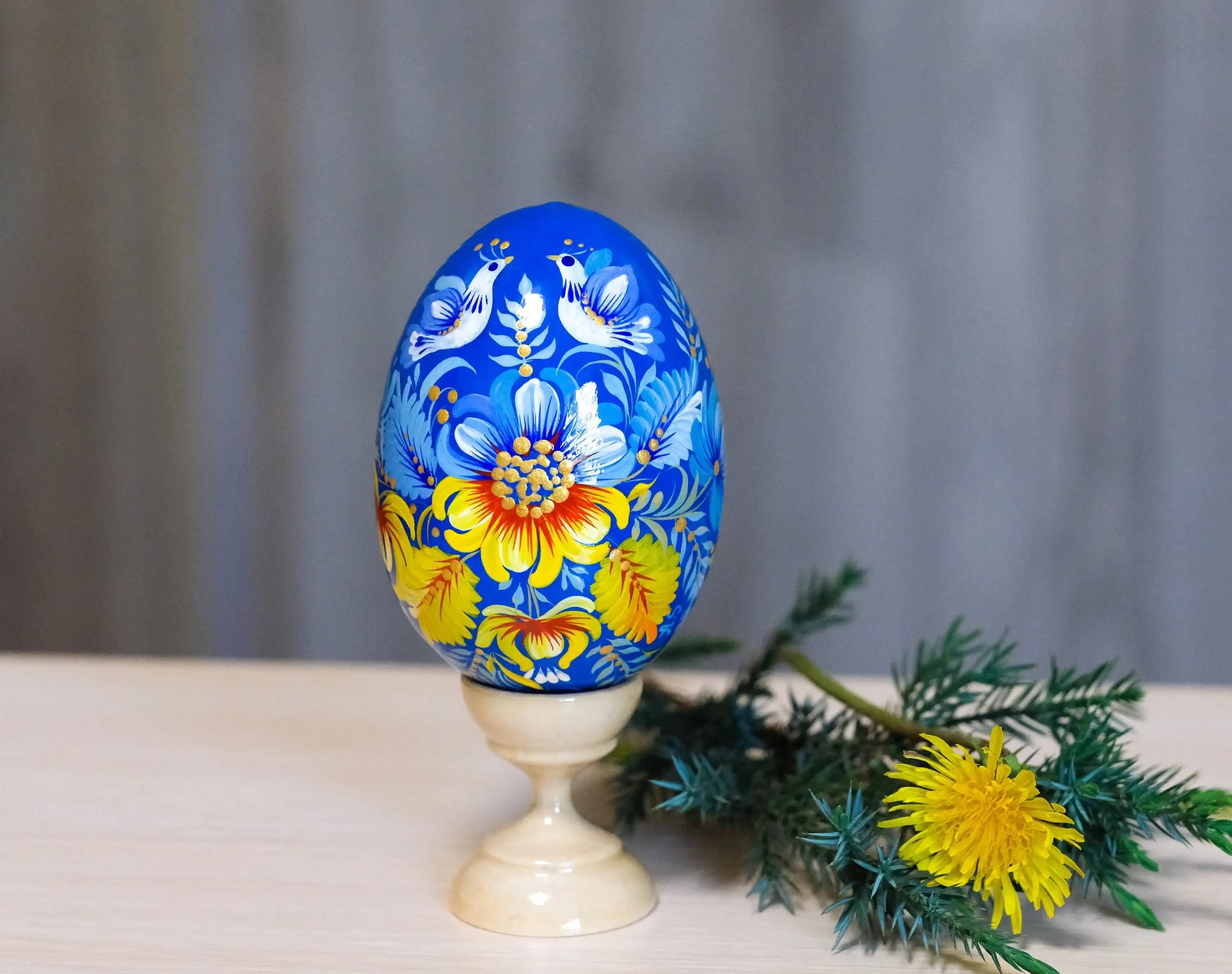 Large Blue & Yellow Ukrainian Easter Egg with Painted Pigeons