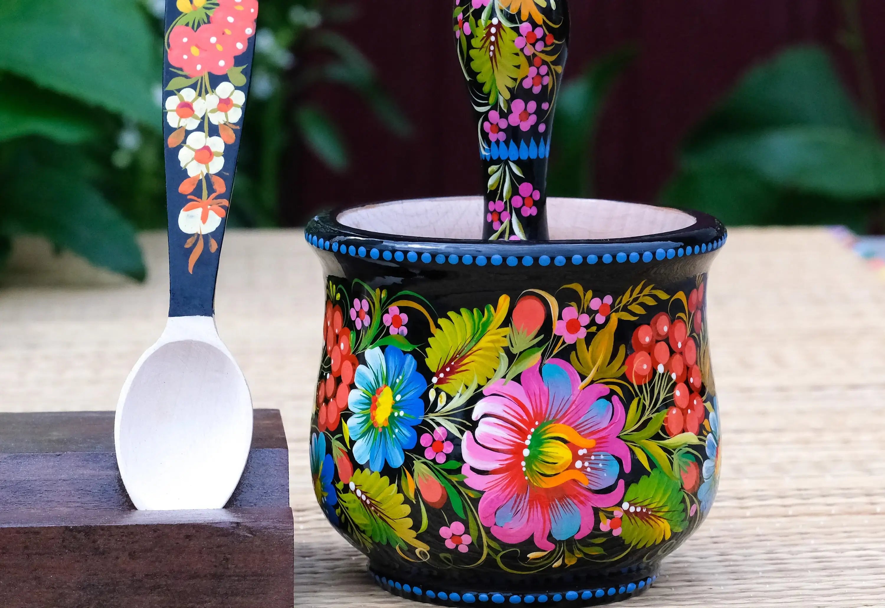 Wooden Mortar and Pestle Set - Handmade Painted Purple Flower Spices and Herb Masher, Petrykivka Art