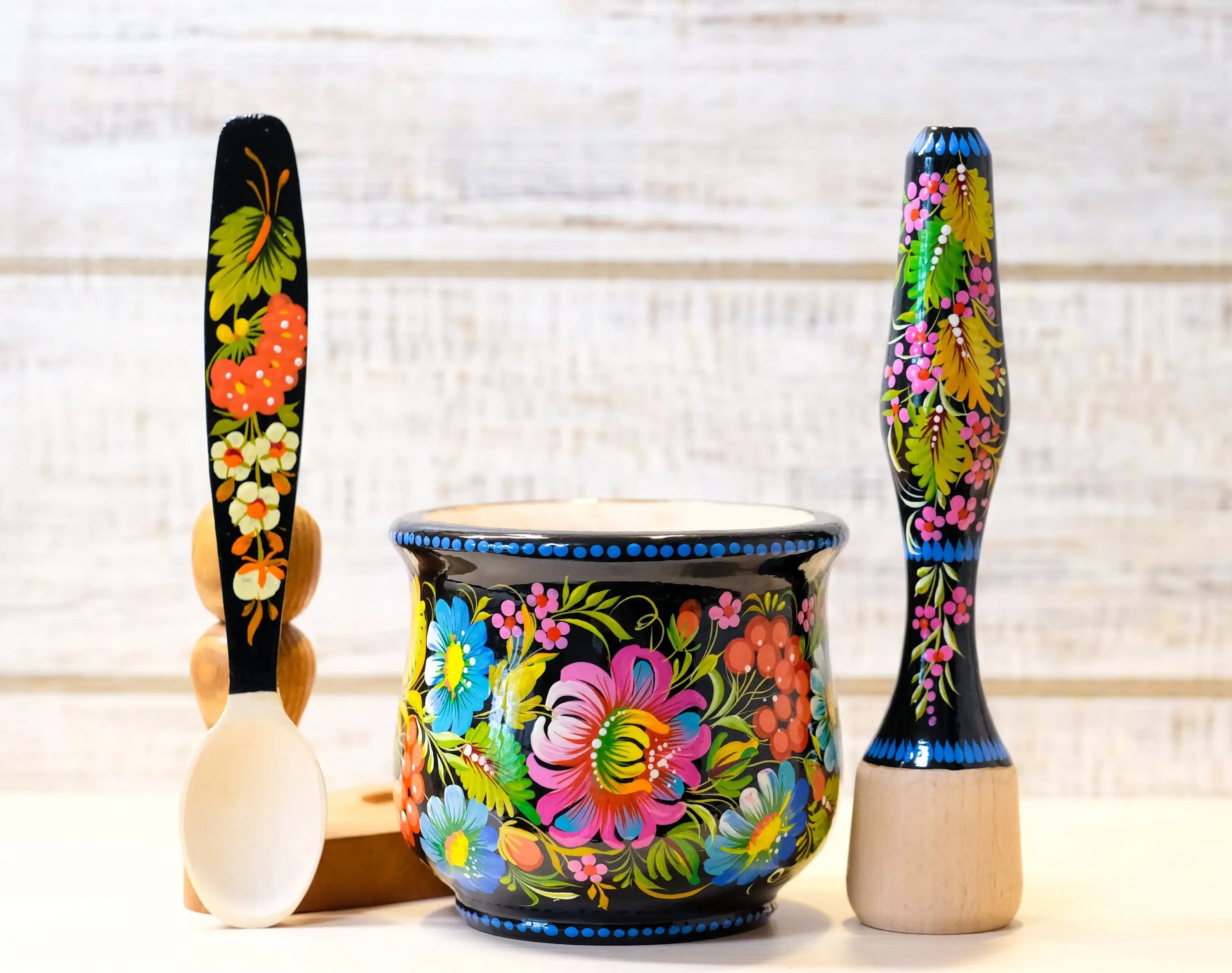 Wooden Mortar and Pestle Set - Handmade Painted Purple Flower Spices and Herb Masher, Petrykivka Art
