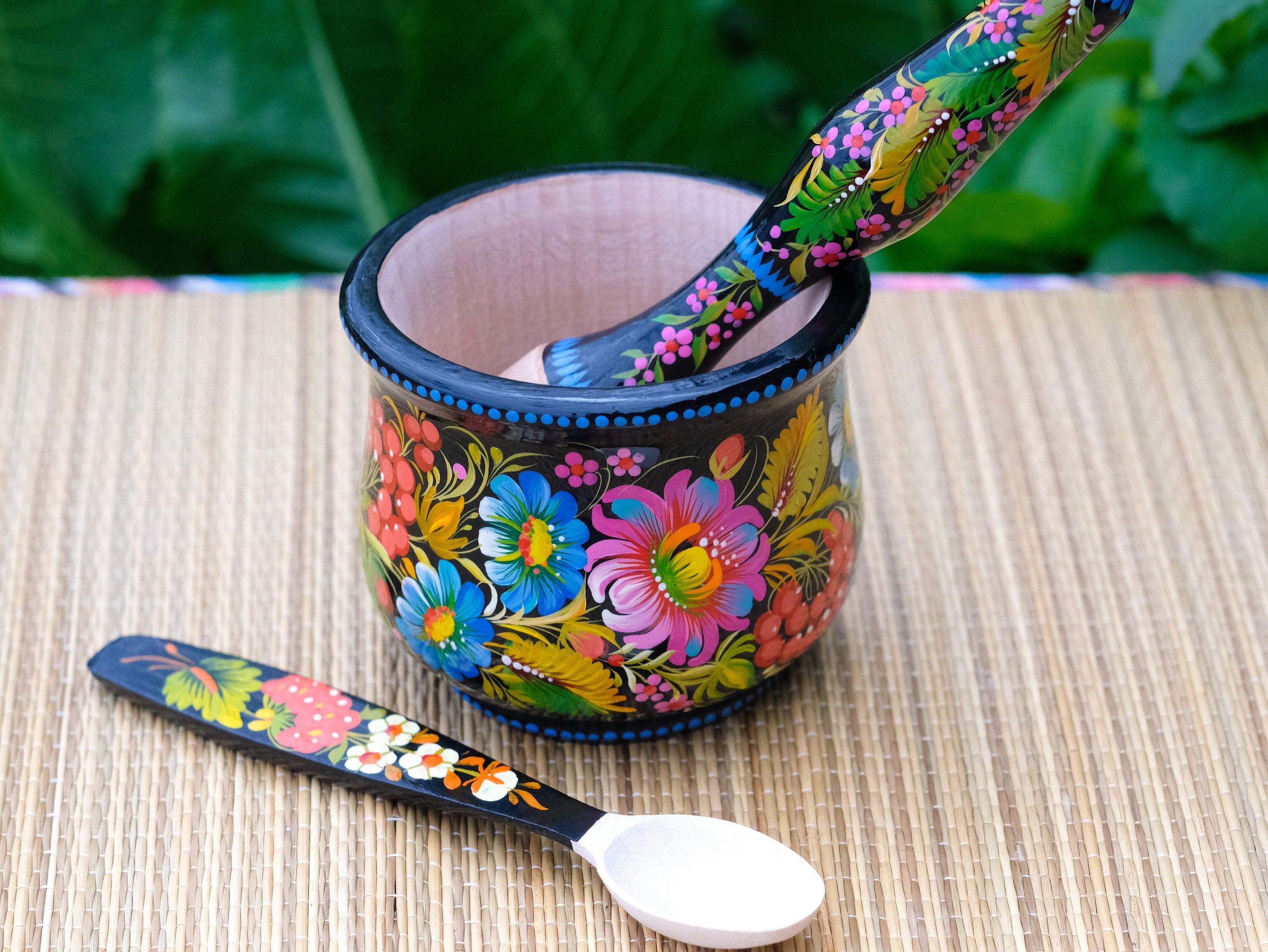 Wooden Mortar and Pestle Set - Handmade Painted Purple Flower Spices and Herb Masher, Petrykivka Art