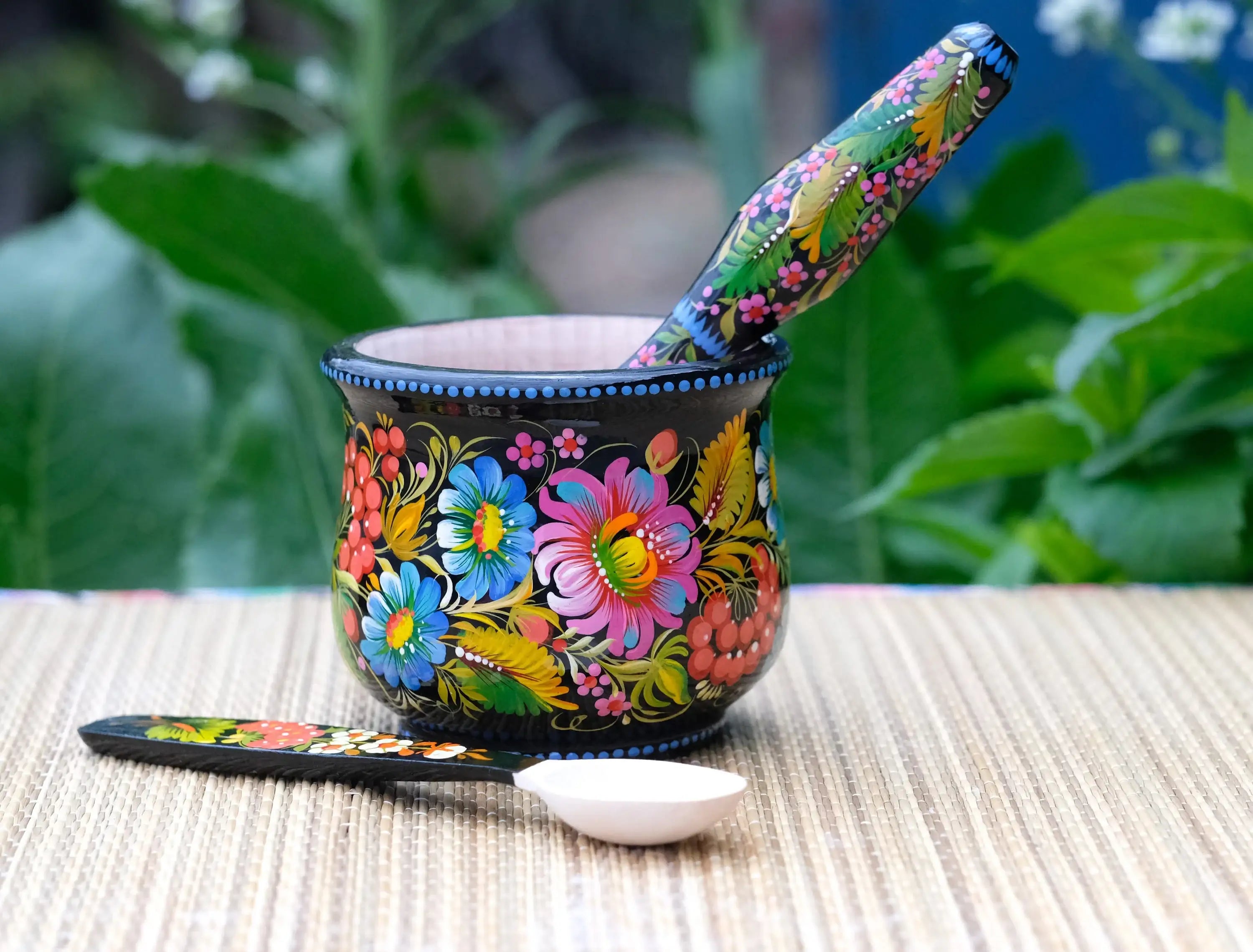 Wooden Mortar and Pestle Set - Handmade Painted Purple Flower Spices and Herb Masher, Petrykivka Art