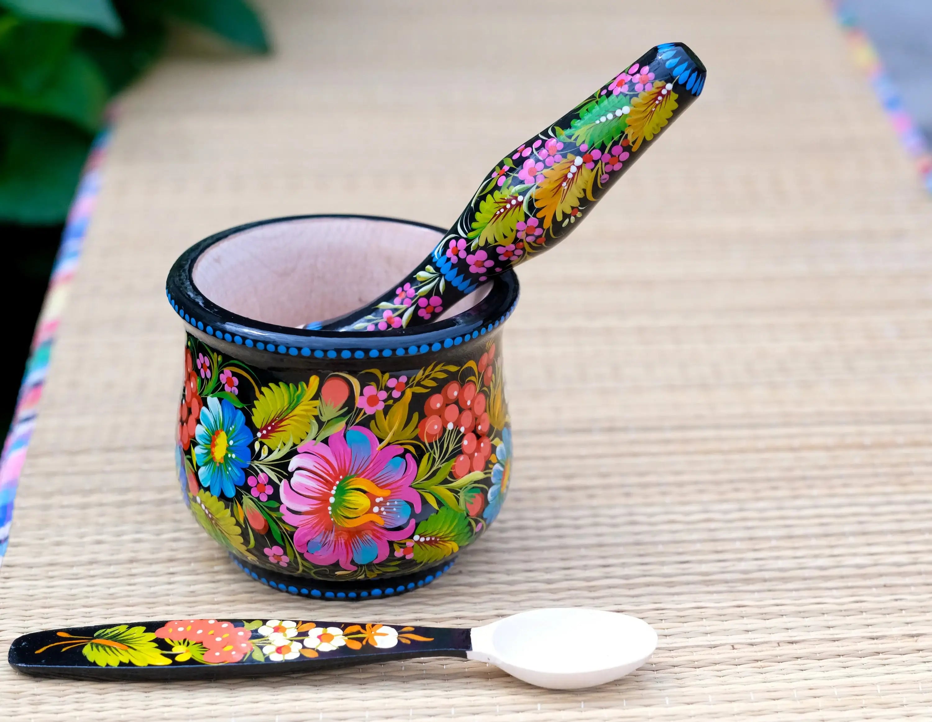 Wooden Mortar and Pestle Set - Handmade Painted Purple Flower Spices and Herb Masher, Petrykivka Art