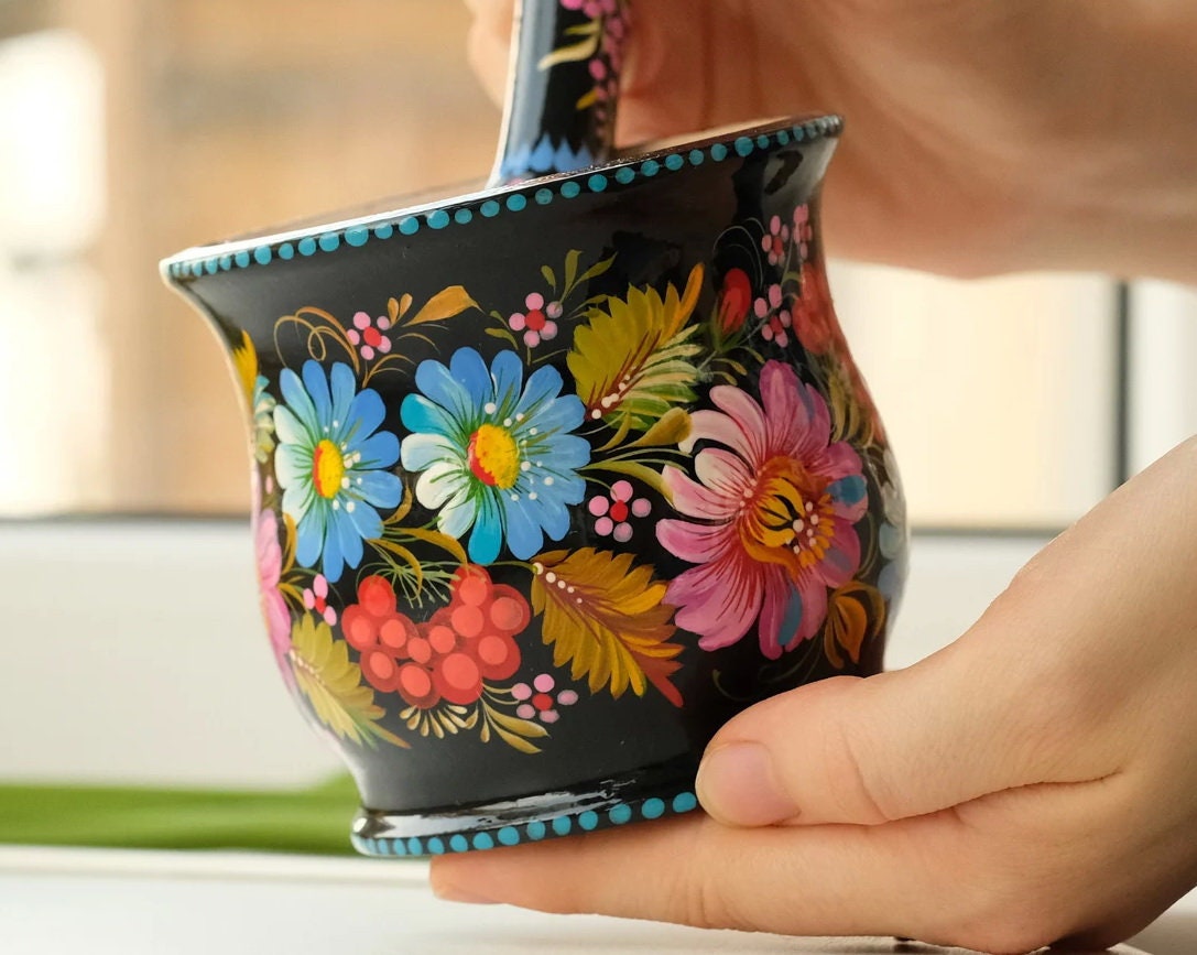 Wooden Mortar and Pestle Set - Handmade Painted Purple Flower Spices and Herb Masher, Petrykivka Art