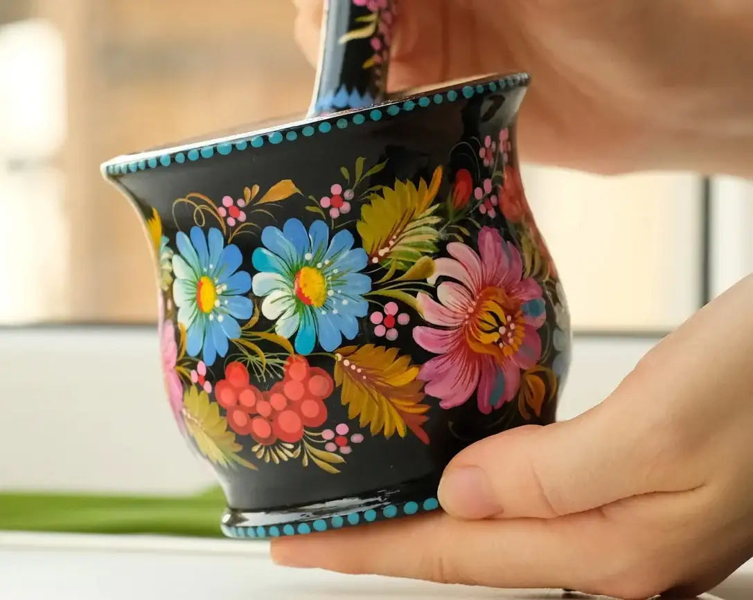 Wooden Mortar and Pestle Set - Handmade Painted Purple Flower Spices and Herb Masher, Petrykivka Art