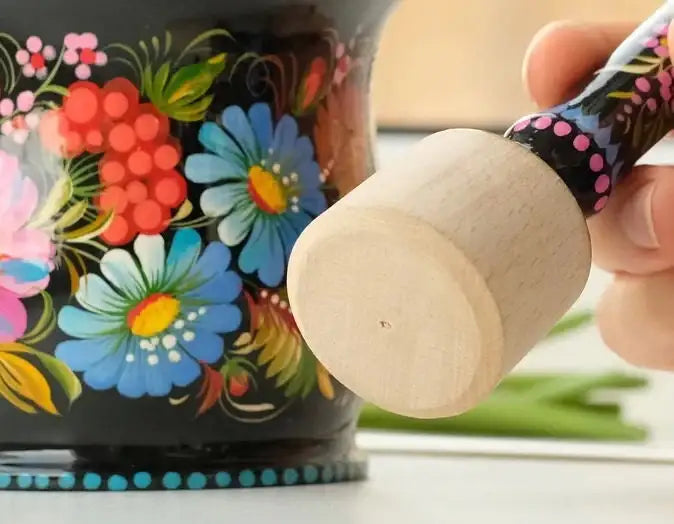 Wooden Mortar and Pestle Set - Handmade Painted Purple Flower Spices and Herb Masher, Petrykivka Art