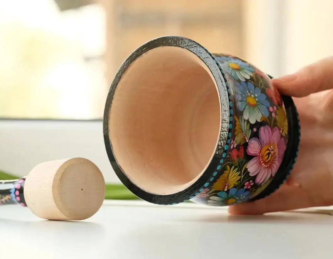 Wooden Mortar and Pestle Set - Handmade Painted Purple Flower Spices and Herb Masher, Petrykivka Art