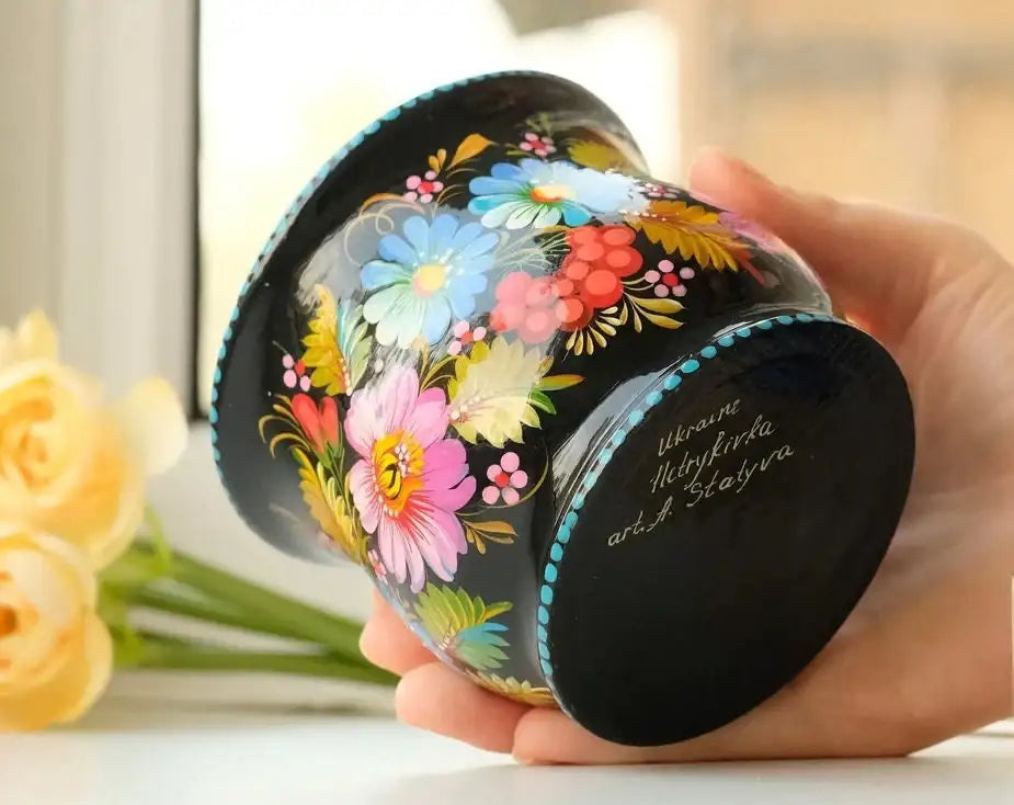 Wooden Mortar and Pestle Set - Handmade Painted Purple Flower Spices and Herb Masher, Petrykivka Art