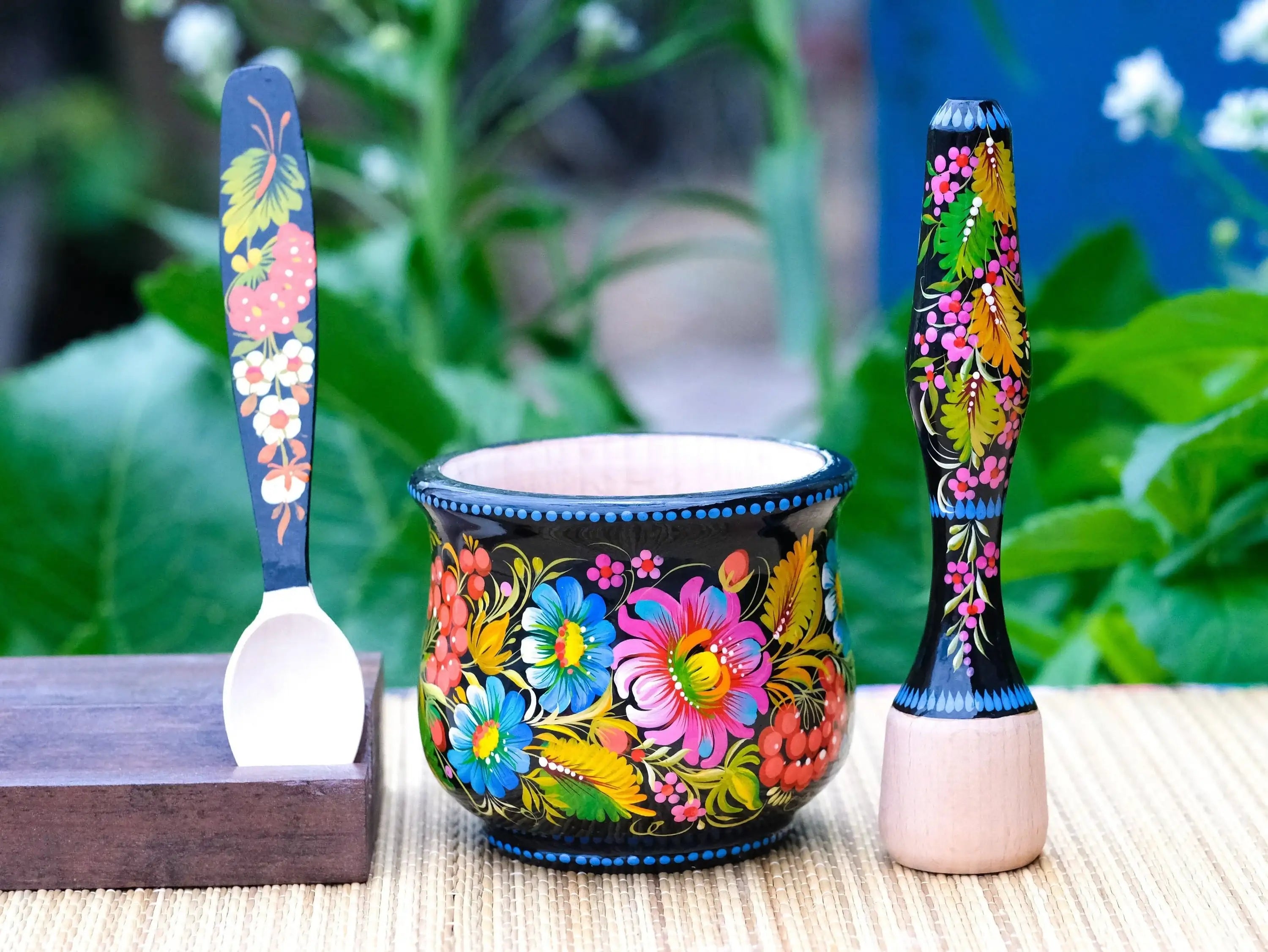 Wooden Mortar and Pestle Set - Handmade Painted Purple Flower Spices and Herb Masher, Petrykivka Art