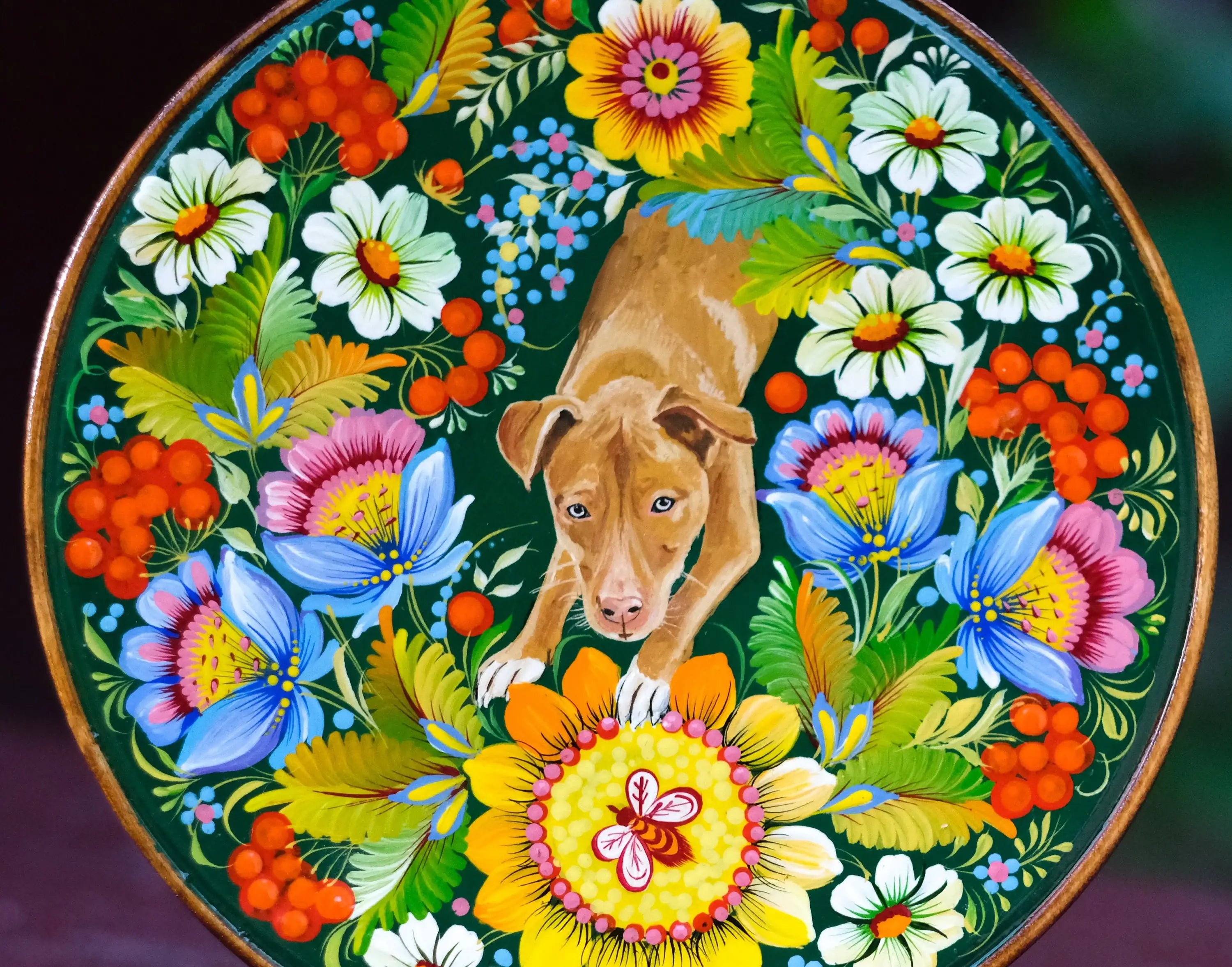 Custom Pet Portrait Painting on Wooden Plate - Personalized Pet Loss Memorial Gift, Dog Portrait Decorated with Petrykivka Art