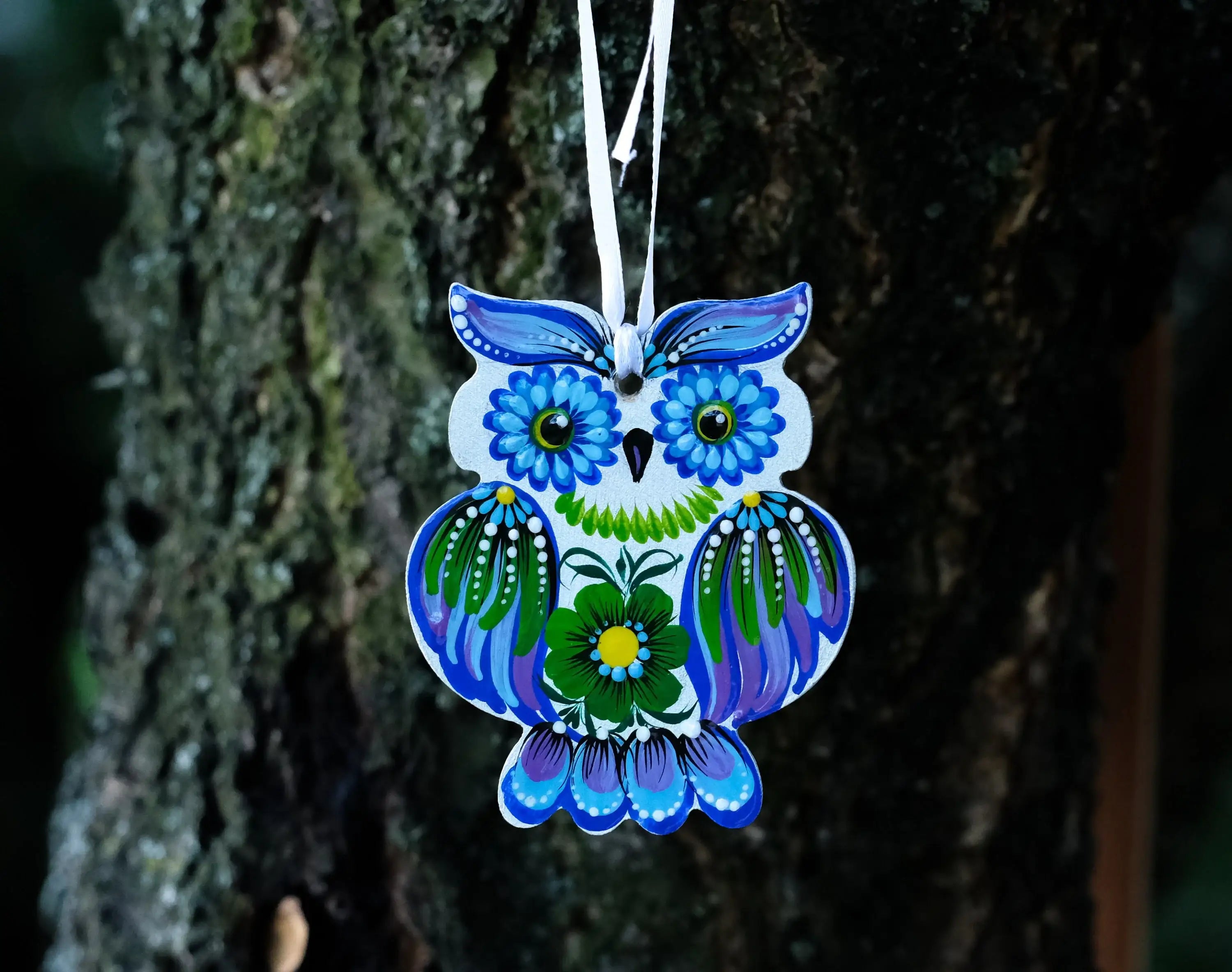 Wooden Owl Christmas Ornament Hand-painted with Petrylivka Art