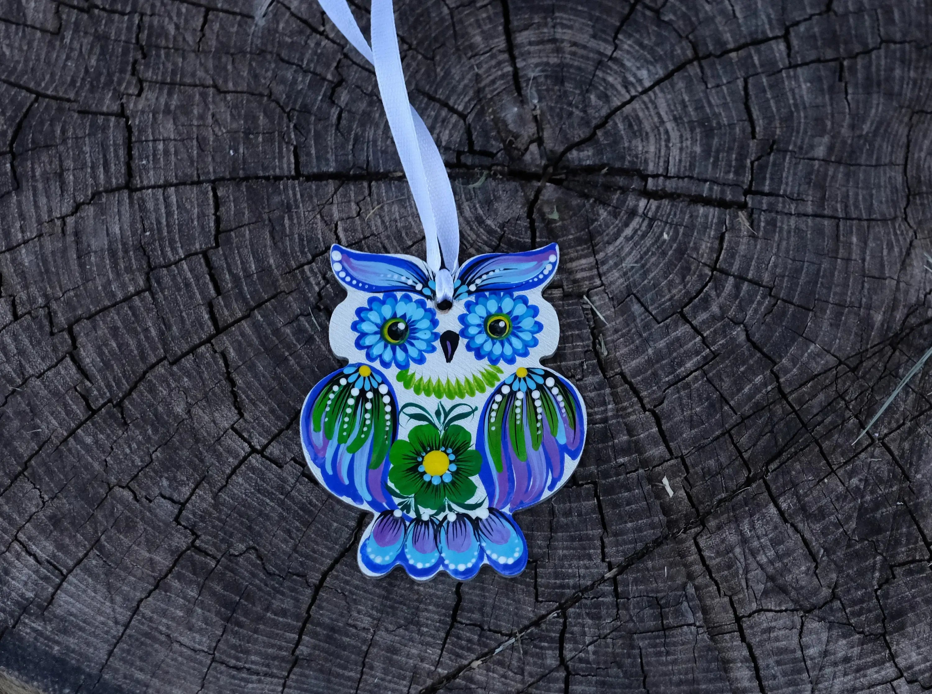 Wooden Owl Christmas Ornament Hand-painted with Petrylivka Art