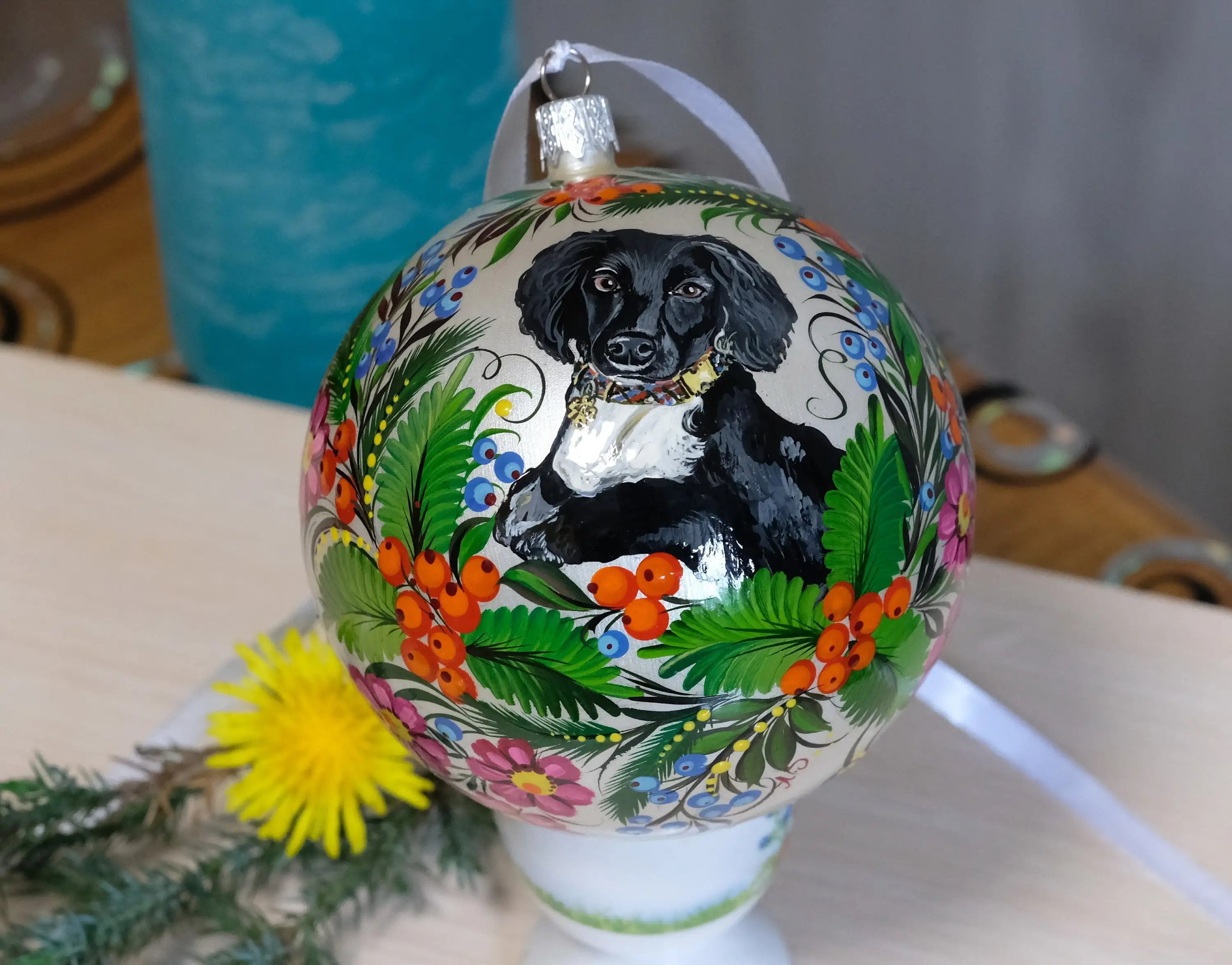Custom Pet Portrait Painting on Christmas Ball Ornament - Personalized Pet Loss Memorial Gift, Dog Portrait Decorated with Petrykivka Art