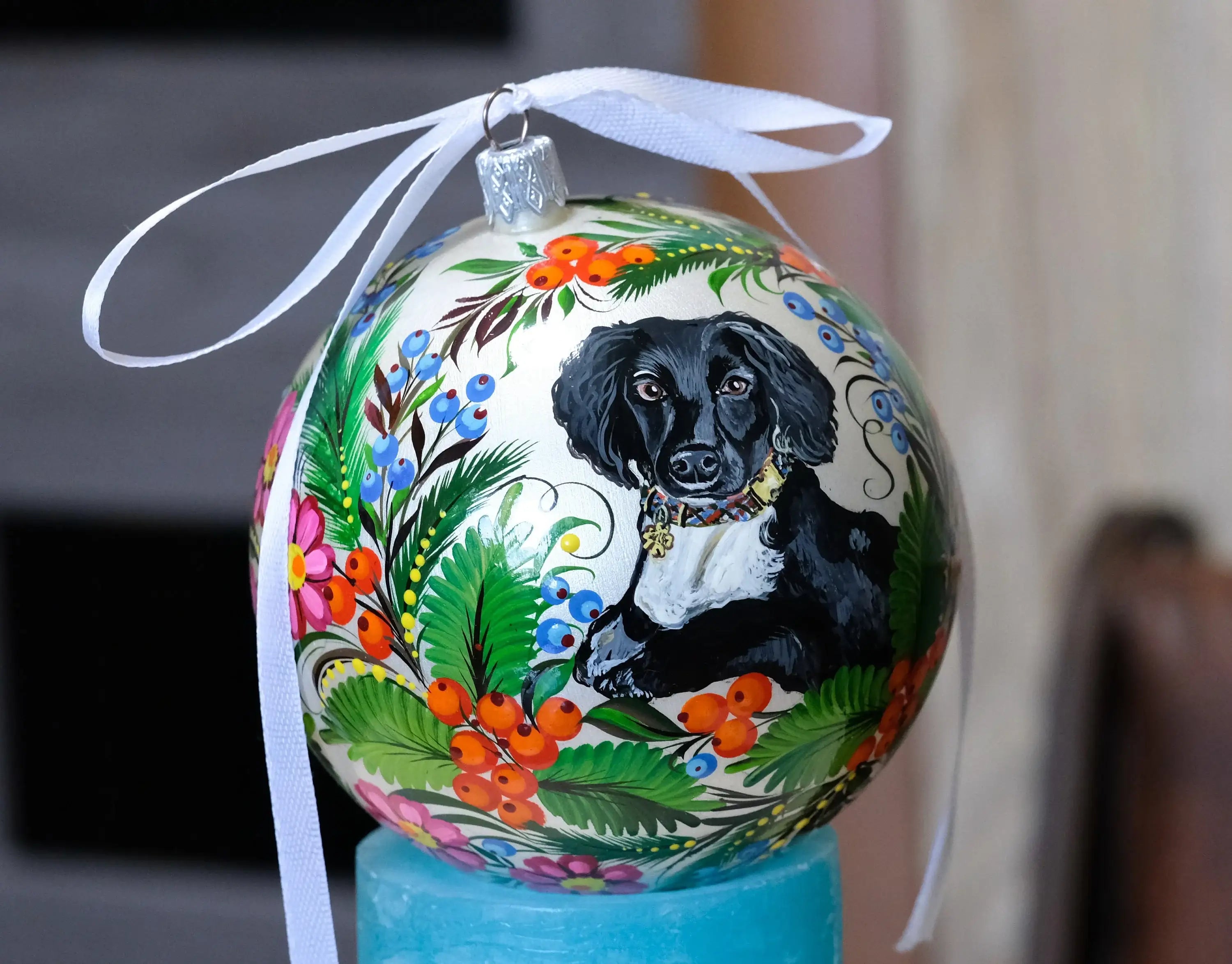 Custom Pet Portrait Painting on Christmas Ball Ornament - Personalized Pet Loss Memorial Gift, Dog Portrait Decorated with Petrykivka Art