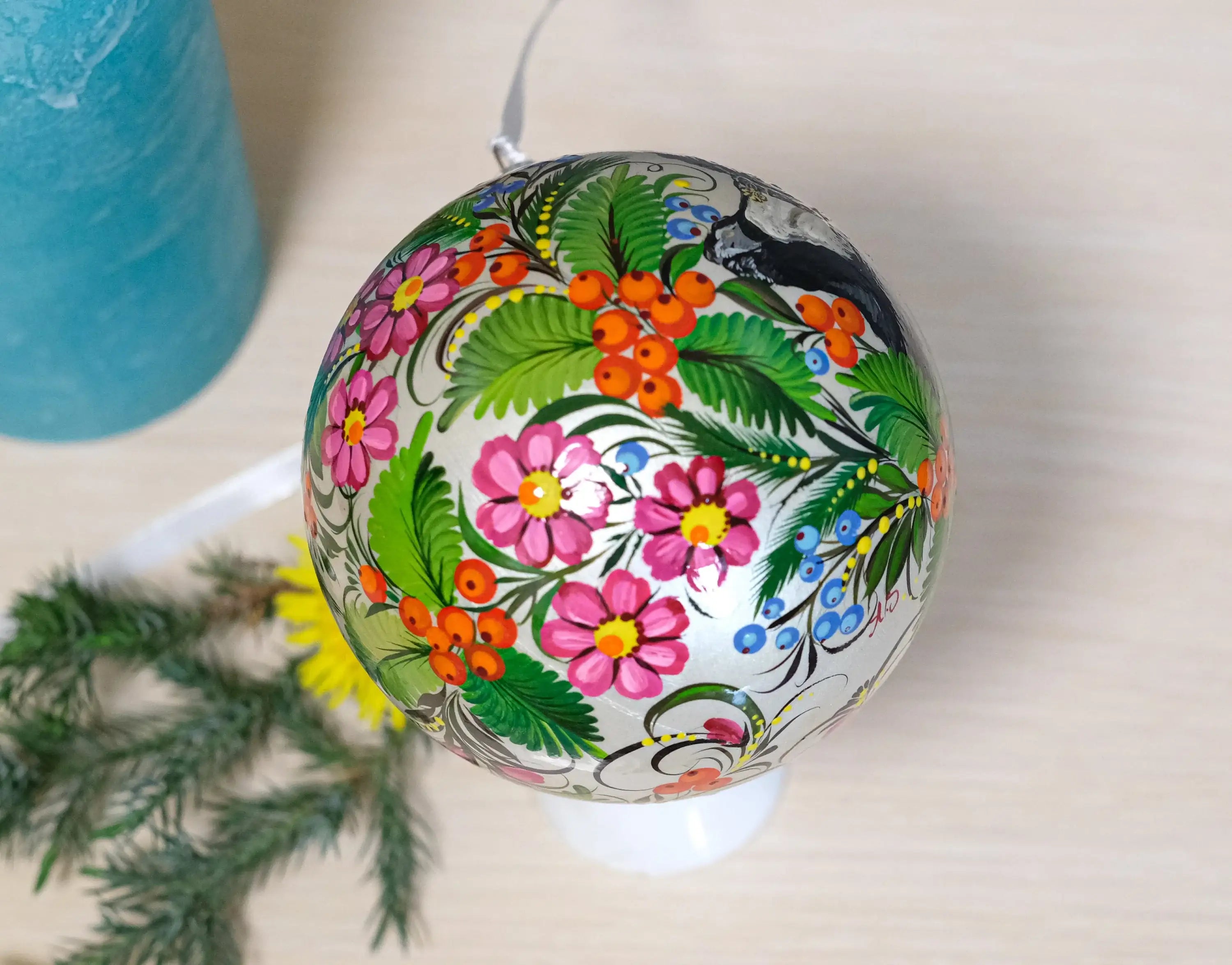 Custom Pet Portrait Painting on Christmas Ball Ornament - Personalized Pet Loss Memorial Gift, Dog Portrait Decorated with Petrykivka Art