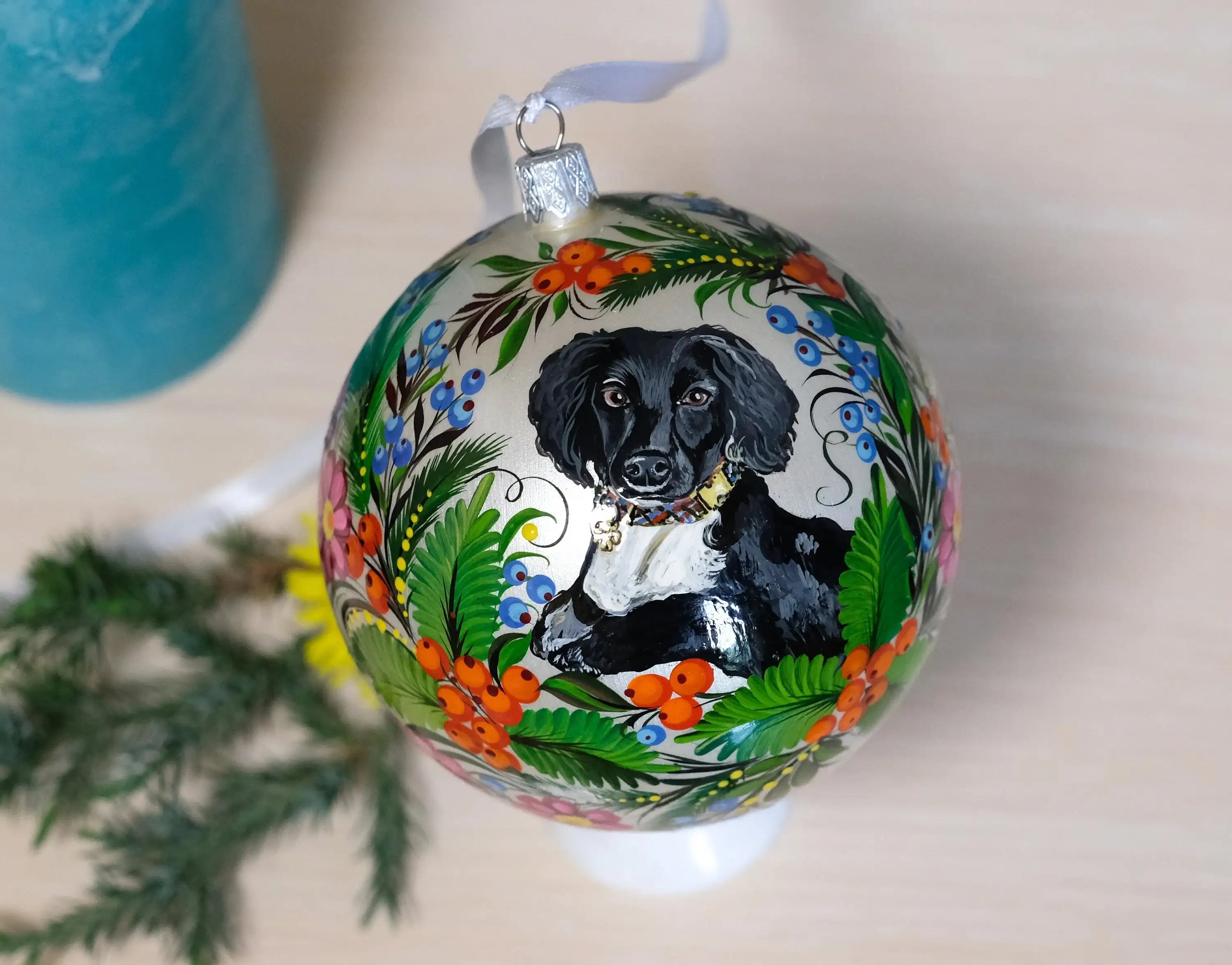 Custom Pet Portrait Painting on Christmas Ball Ornament - Personalized Pet Loss Memorial Gift, Dog Portrait Decorated with Petrykivka Art