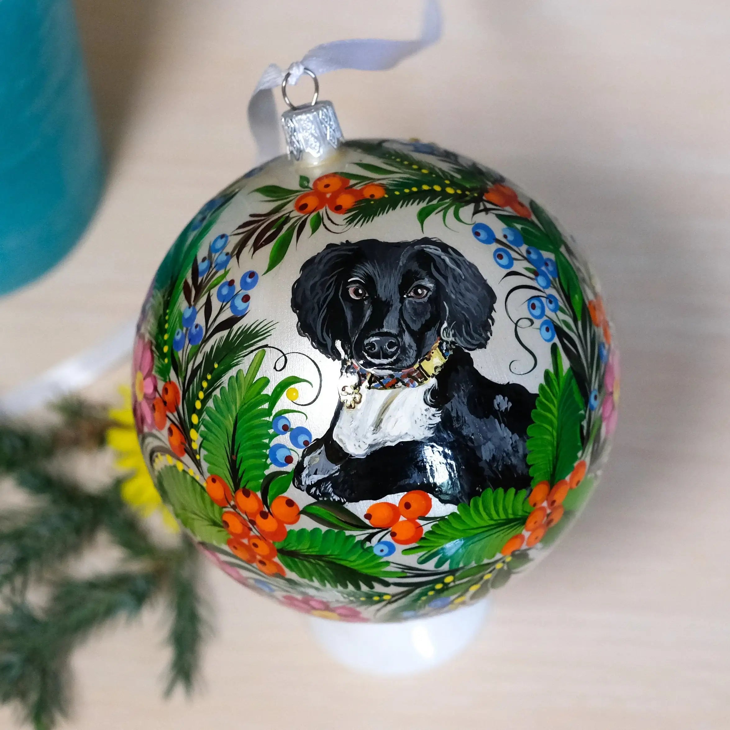 Custom Pet Portrait Painting on Christmas Ball Ornament - Personalized Pet Loss Memorial Gift, Dog Portrait Decorated with Petrykivka Art