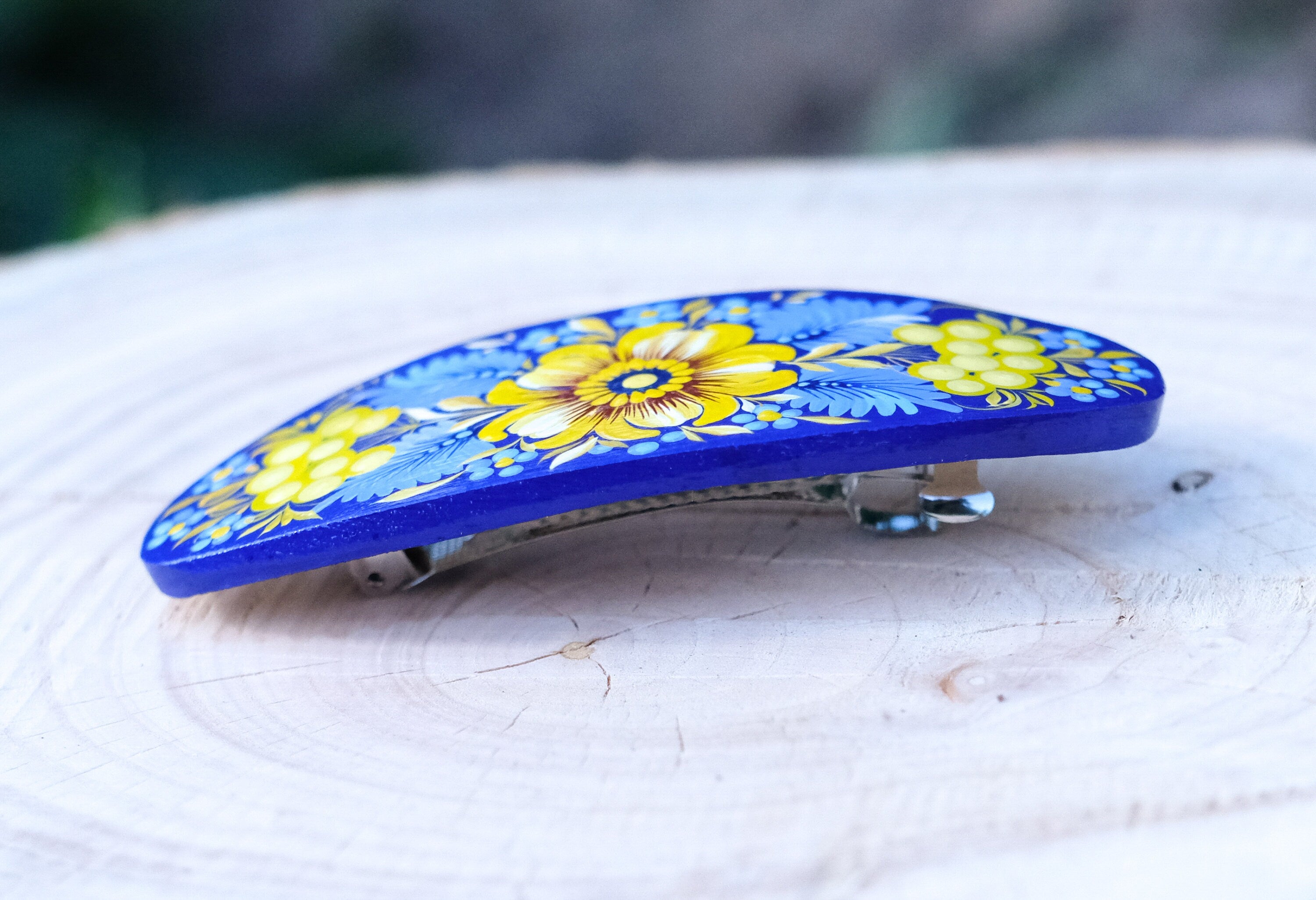 Painted Wooden Ukrainian Blue and Yellow Flower Hair Barrette - Handmade Artisanal Petrykivka Art French Hair Clip
