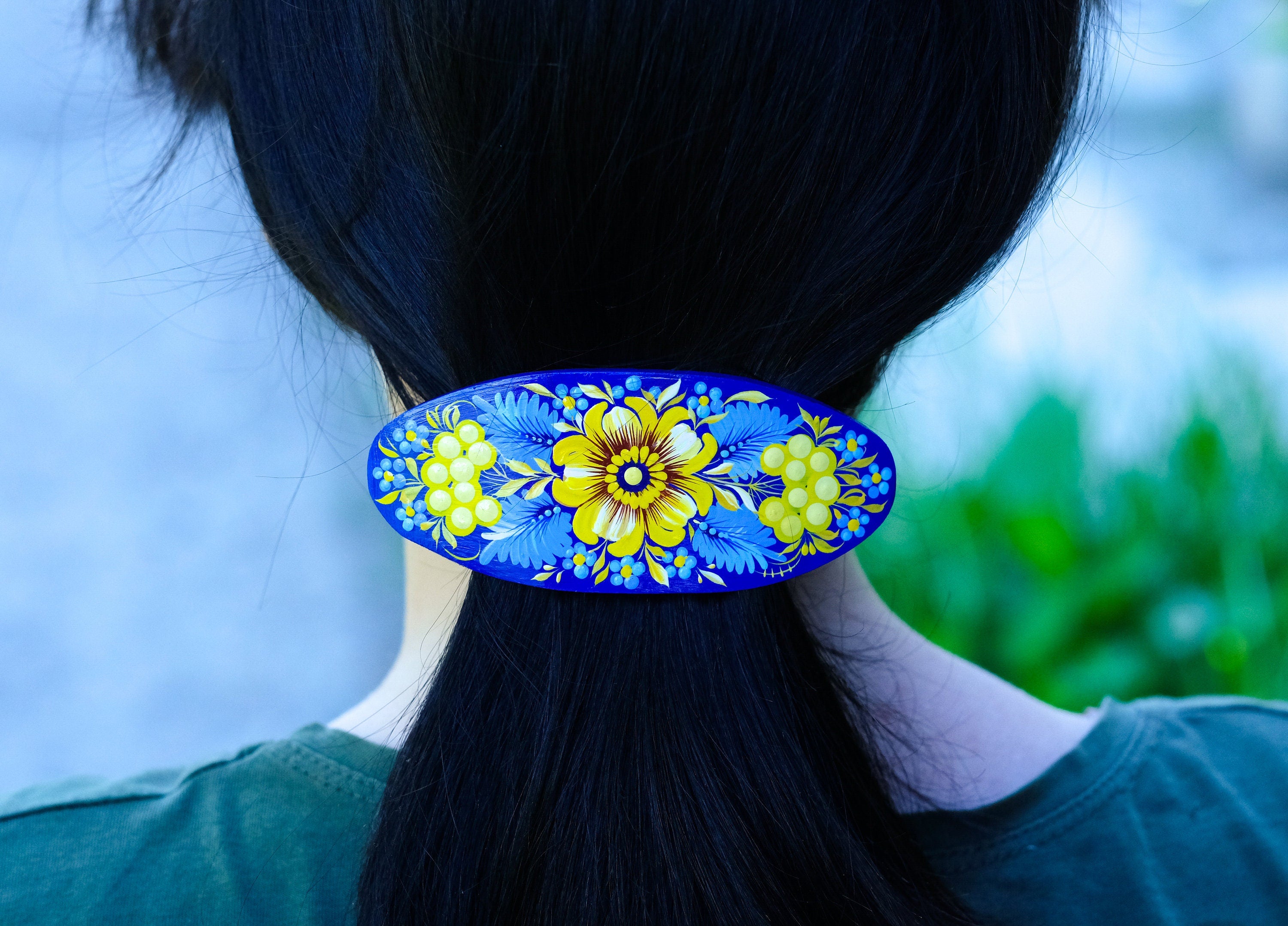 Painted Wooden Ukrainian Blue and Yellow Flower Hair Barrette - Handmade Artisanal Petrykivka Art French Hair Clip
