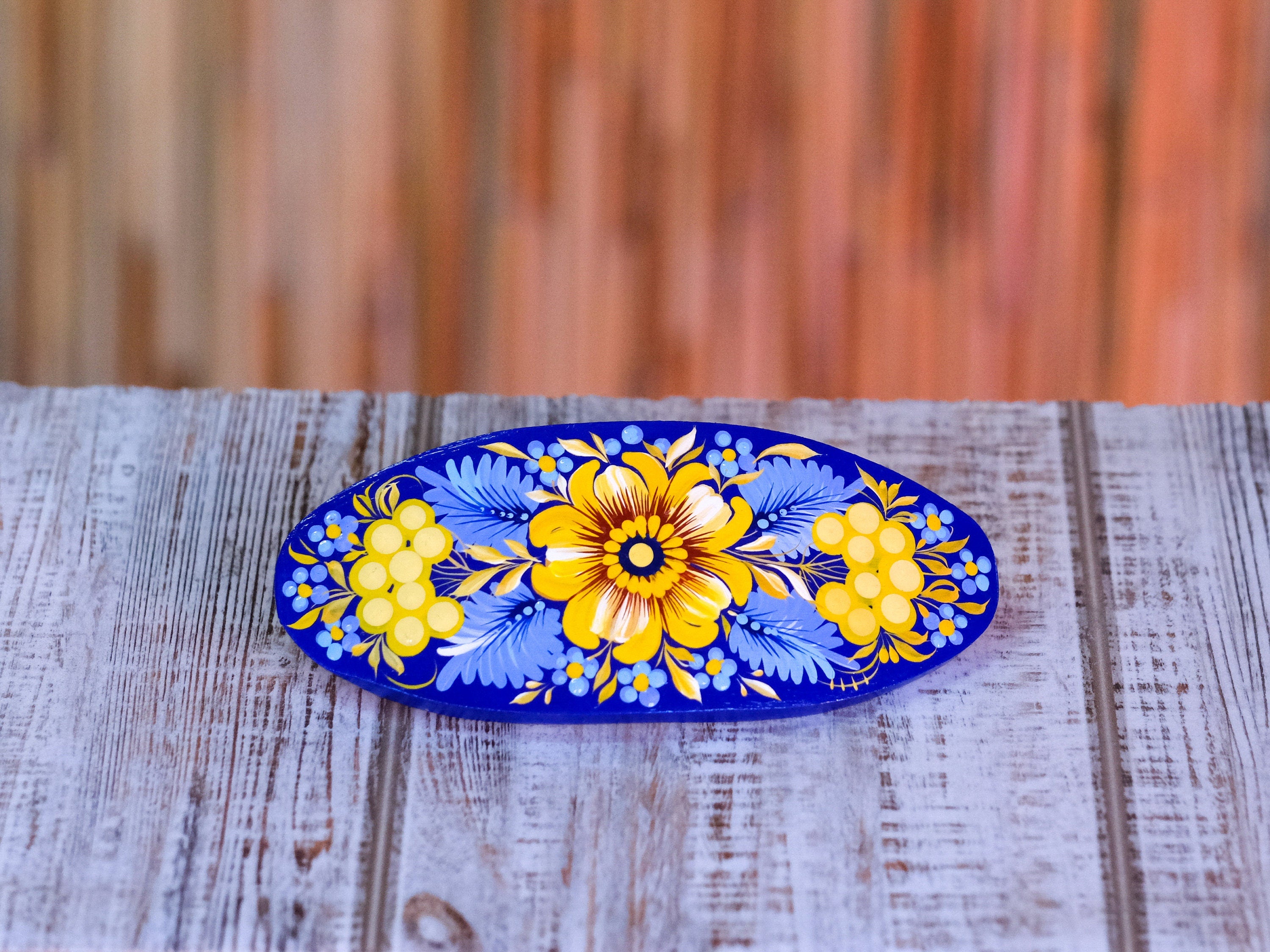 Painted Wooden Ukrainian Blue and Yellow Flower Hair Barrette - Handmade Artisanal Petrykivka Art French Hair Clip