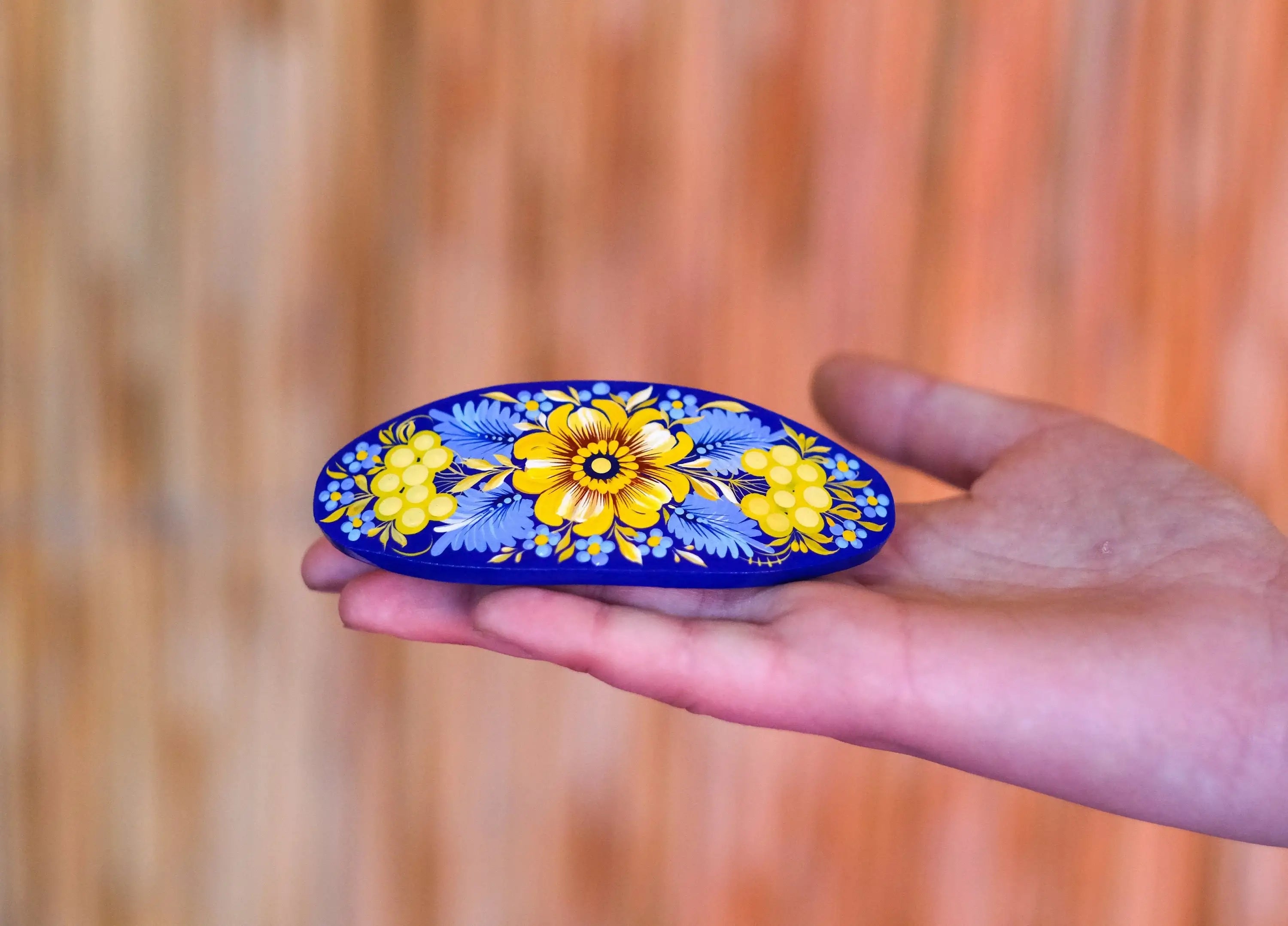 Painted Wooden Ukrainian Blue and Yellow Flower Hair Barrette - Handmade Artisanal Petrykivka Art French Hair Clip