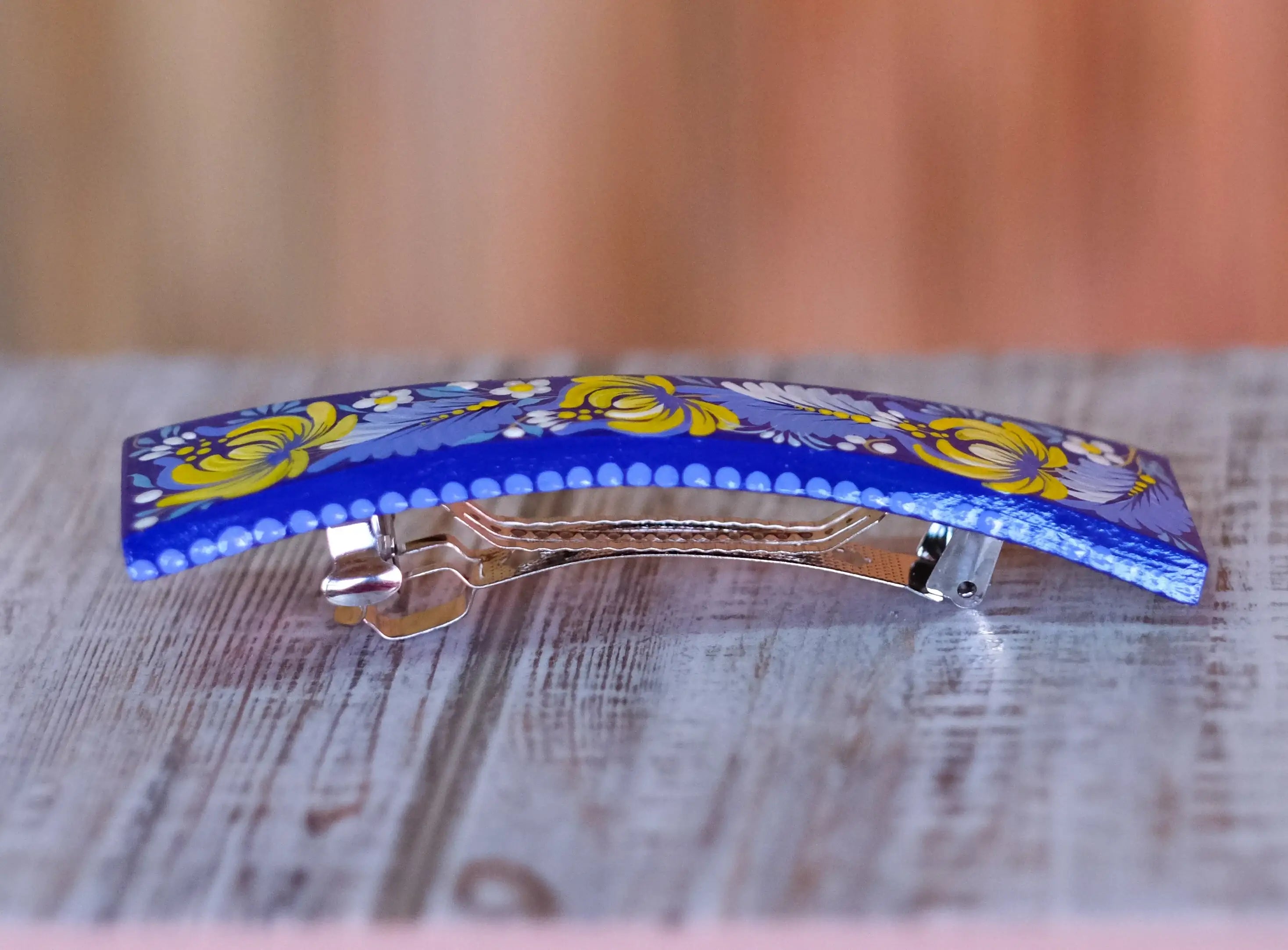 Painted Wooden Ukrainian Hair Barrette with Adjustable Fit - Artisanal Petrykivka Art French Hair Clip, Blue and Yellow Flower Barrette