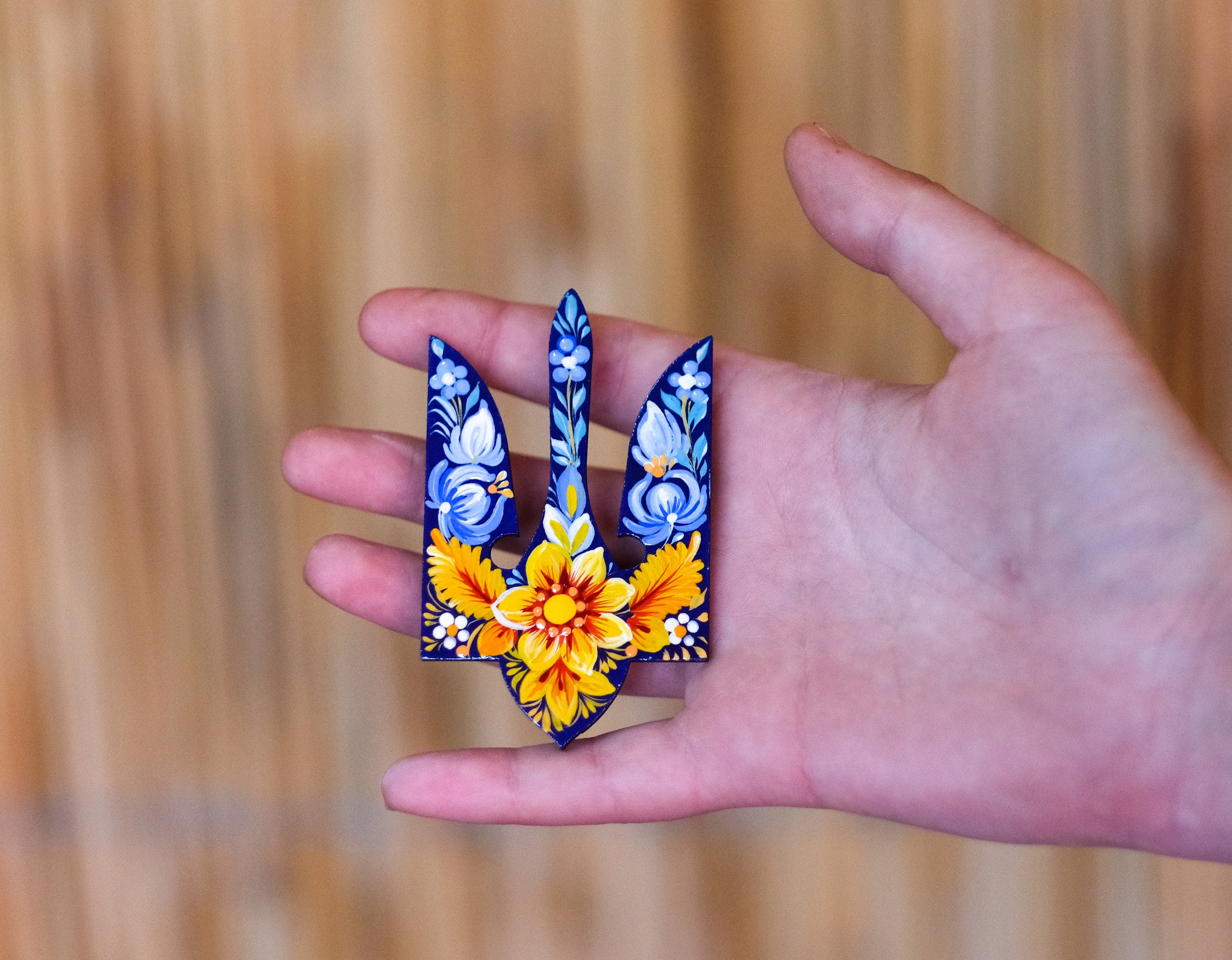 Painted Wooden Ukraine Emblem Fridge Magnet - Blue and Yellow Flower Magnet, Ukrainian Trident Magnet