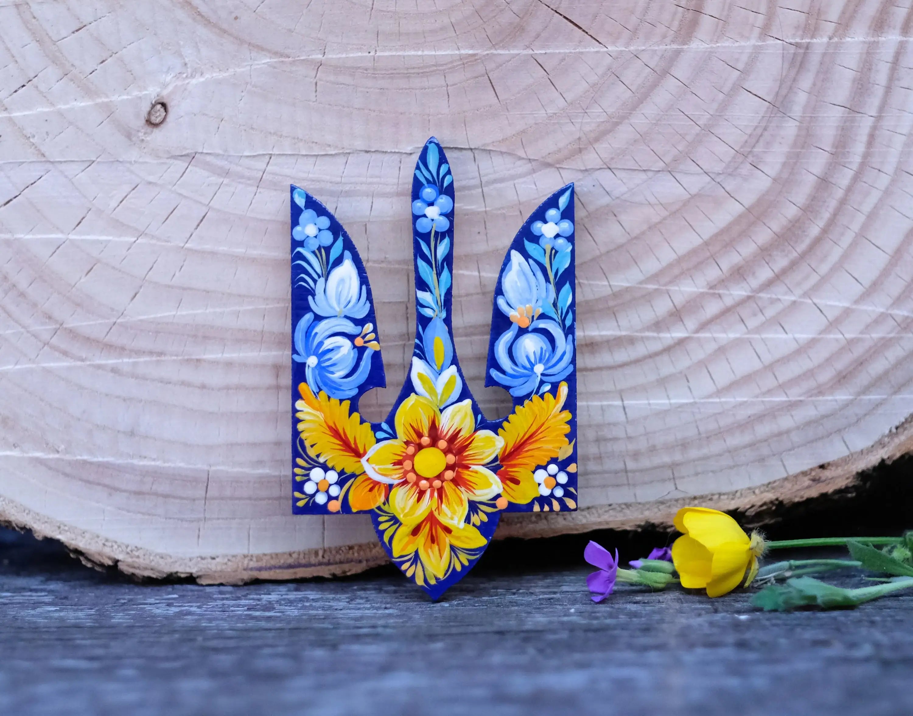 Painted Wooden Ukraine Emblem Fridge Magnet - Blue and Yellow Flower Magnet, Ukrainian Trident Magnet