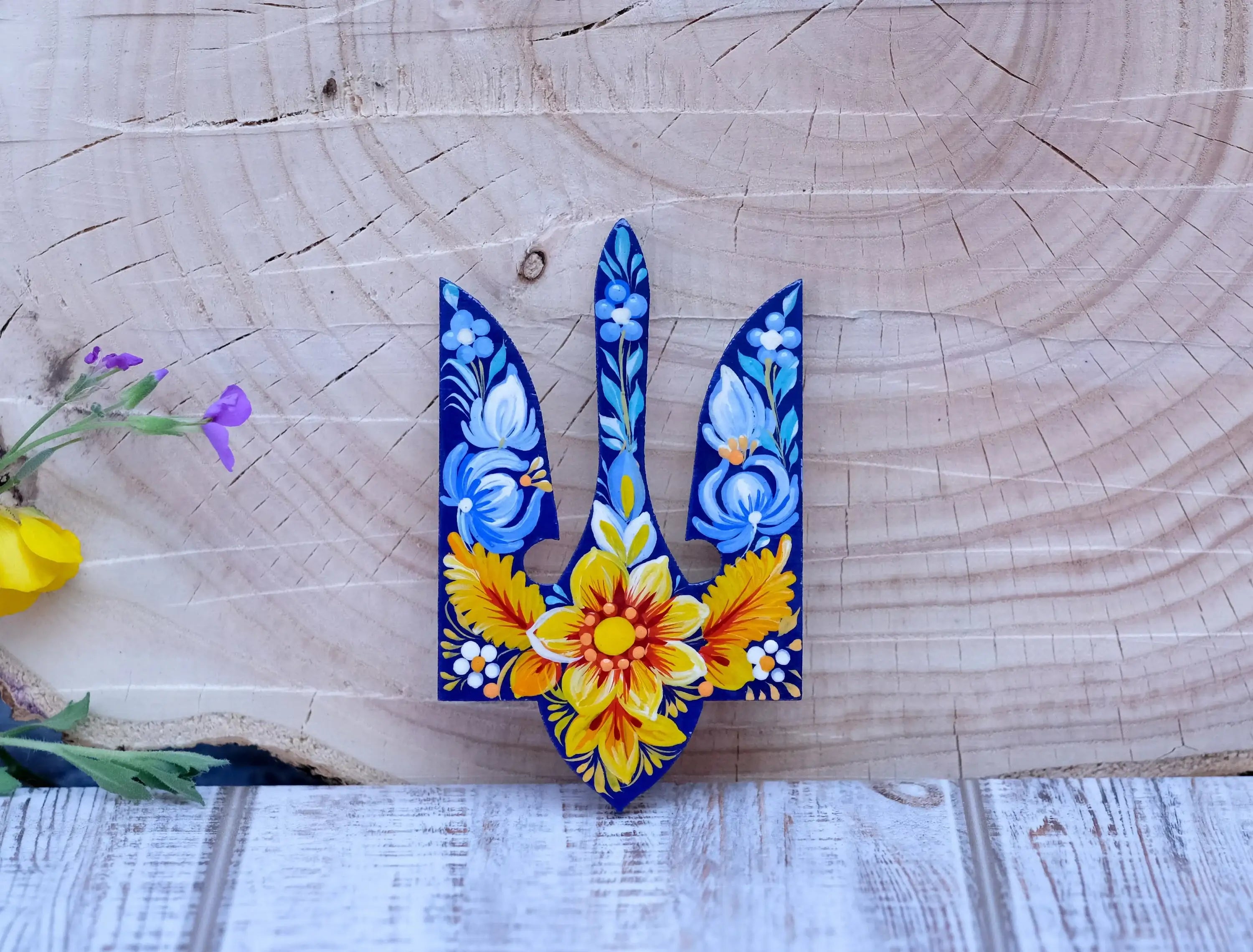 Painted Wooden Ukraine Emblem Fridge Magnet - Blue and Yellow Flower Magnet, Ukrainian Trident Magnet