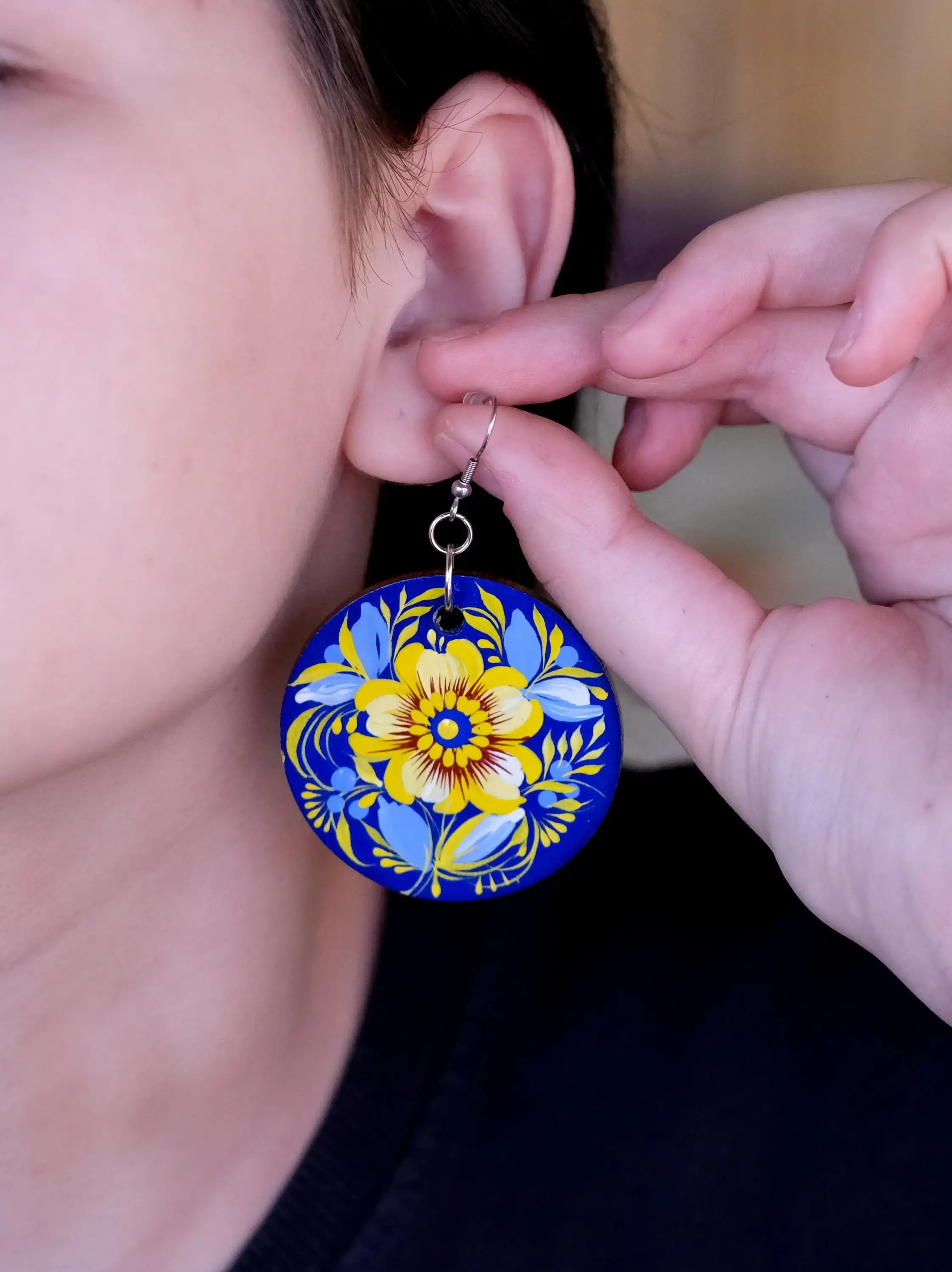 Hand-painted Hypoallergenic Wooden Dangle Drop Earrings - Petrykivka Art, Large Blue and Yellow Flower Circle Earrings
