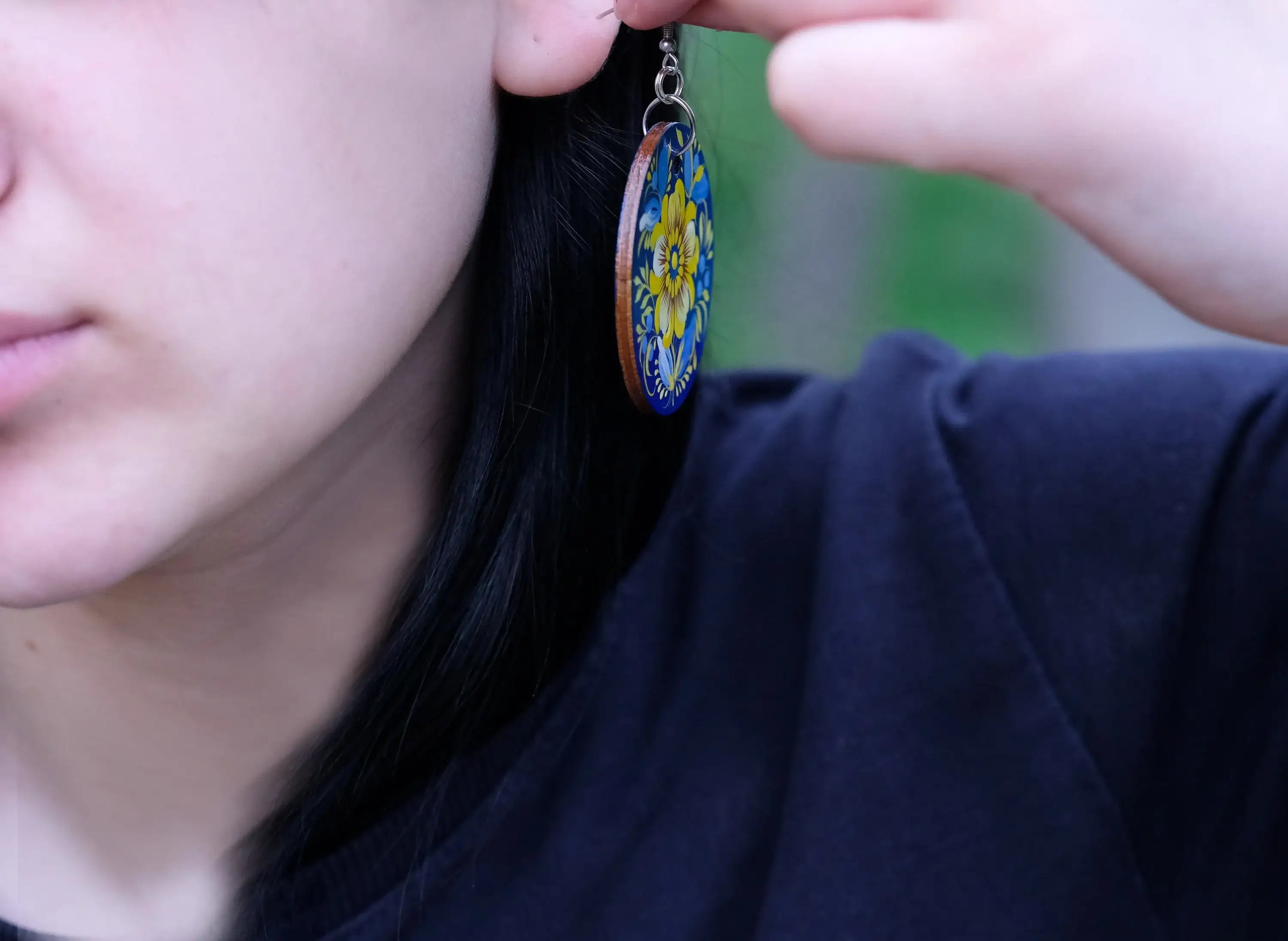 Hand-painted Hypoallergenic Wooden Dangle Drop Earrings - Petrykivka Art, Large Blue and Yellow Flower Circle Earrings
