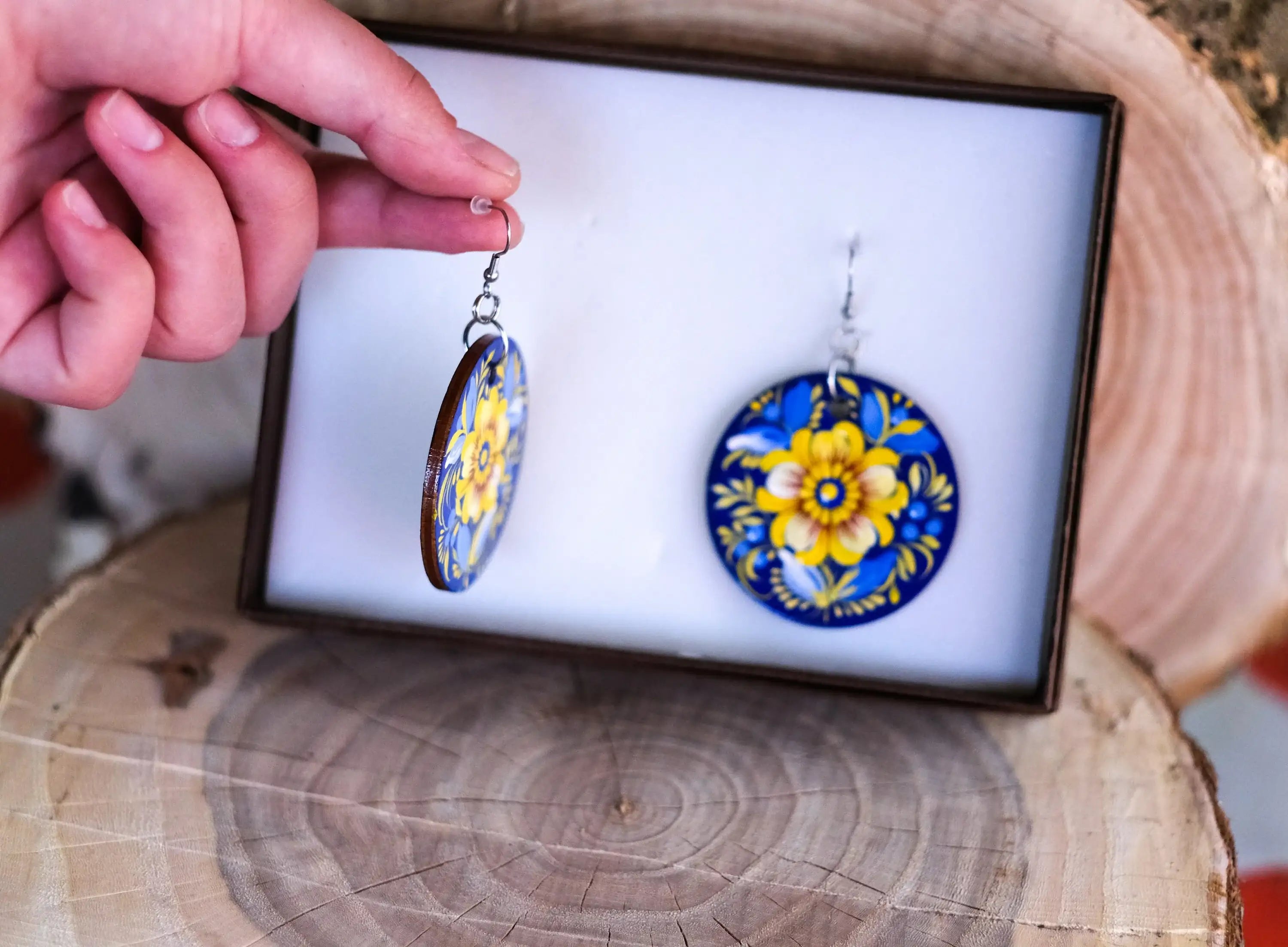 Hand-painted Hypoallergenic Wooden Dangle Drop Earrings - Petrykivka Art, Large Blue and Yellow Flower Circle Earrings