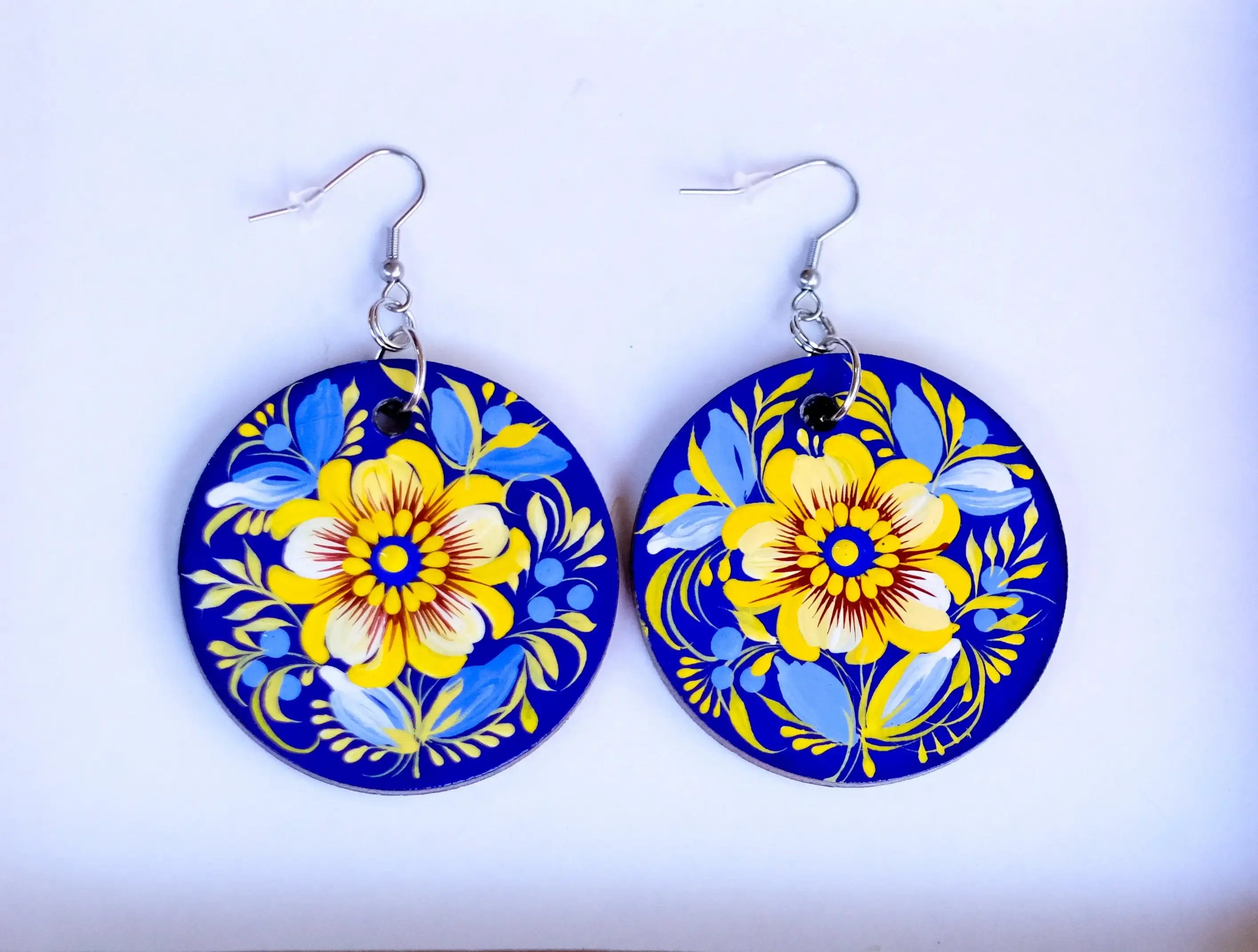 Hand-painted Hypoallergenic Wooden Dangle Drop Earrings - Petrykivka Art, Large Blue and Yellow Flower Circle Earrings