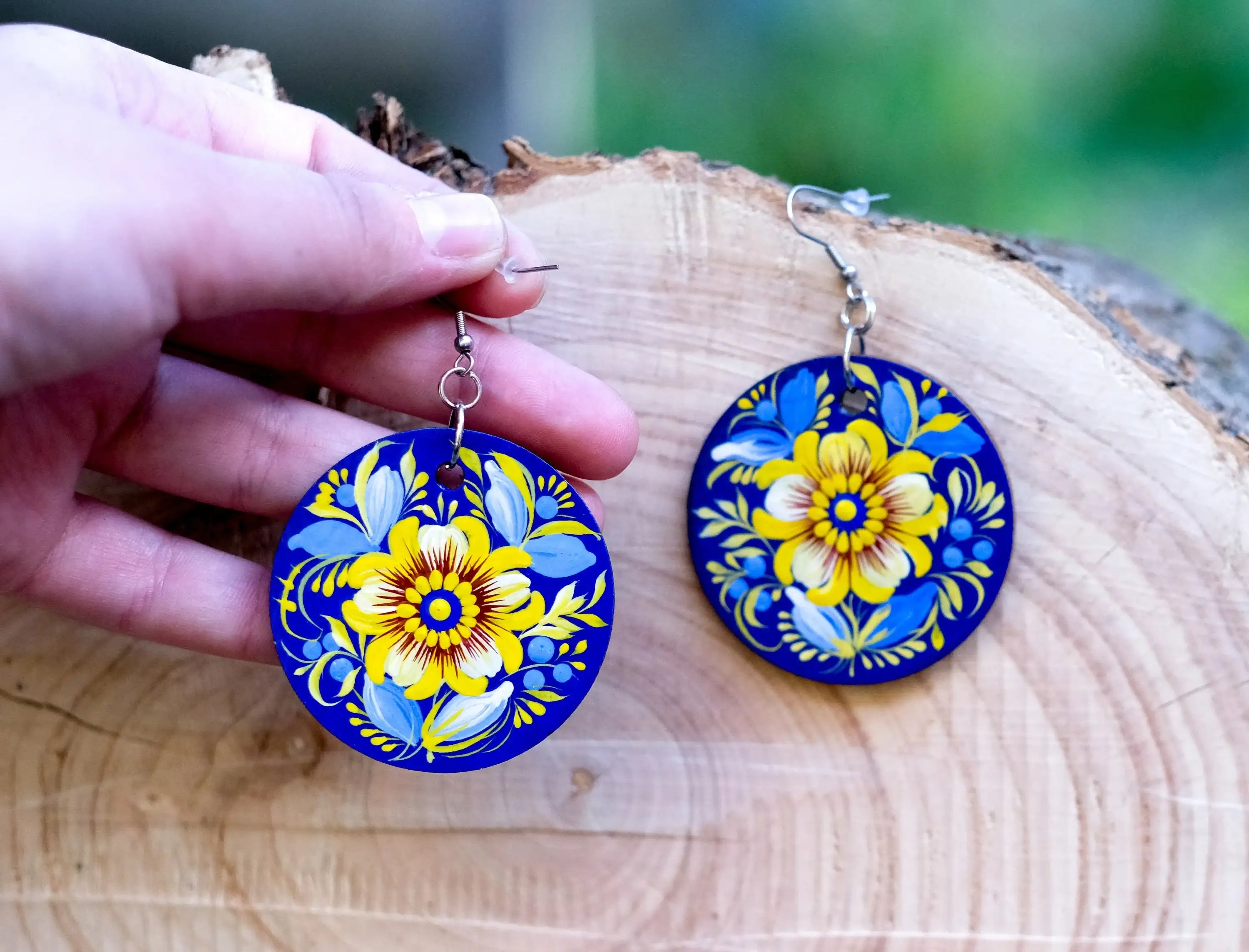 Hand-painted Hypoallergenic Wooden Dangle Drop Earrings - Petrykivka Art, Large Blue and Yellow Flower Circle Earrings