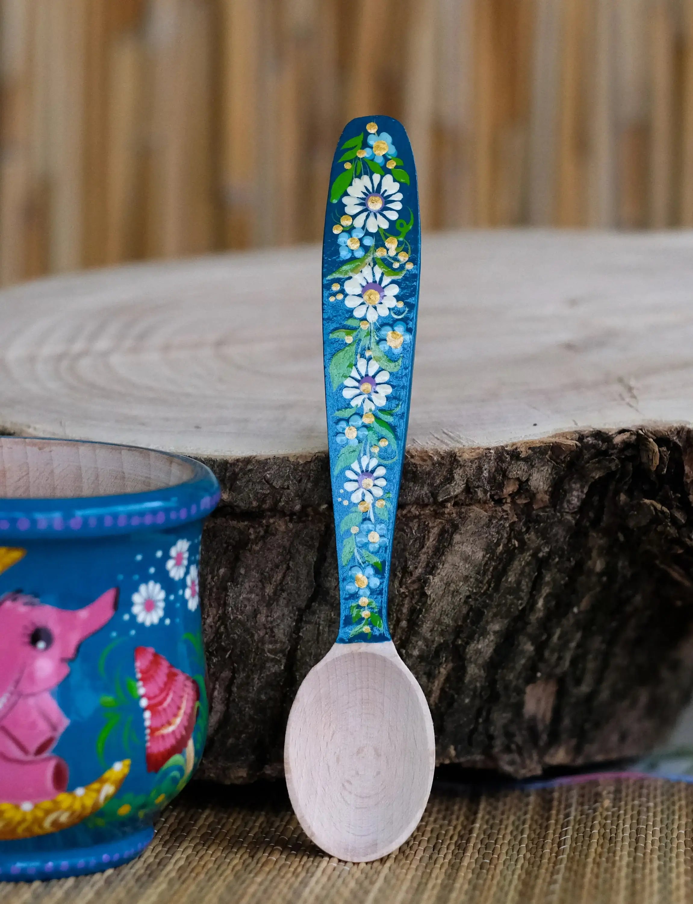 Wooden Mortar and Pestle set with Hand-painted Pink Elephant on Moon - Mushroom Spices Masher, Artisanal Turquoise Crush Bowl