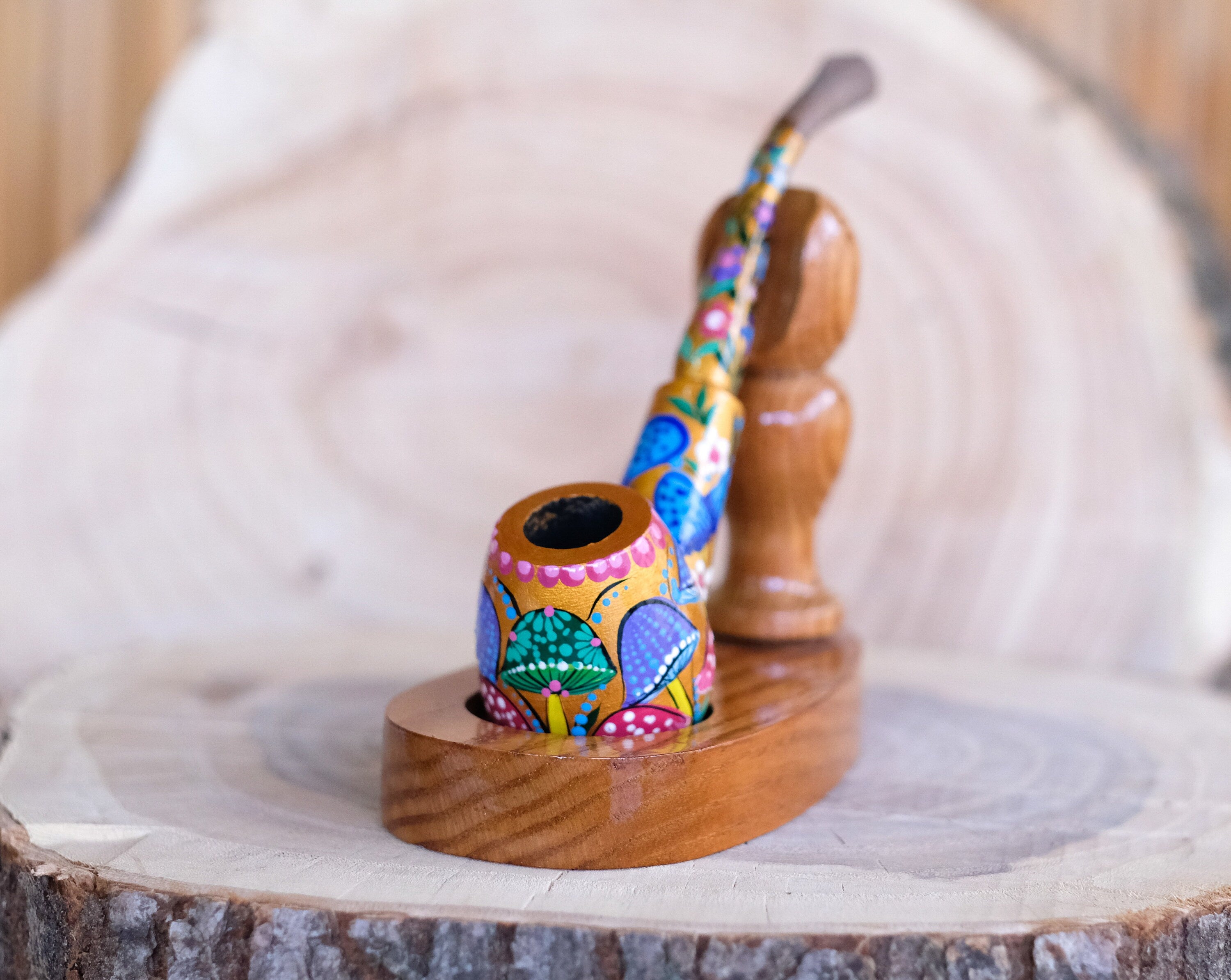 Painted Wooden Mushroom Smoking Pipe - Ukrainian Folk Art Tobacco Pipe
