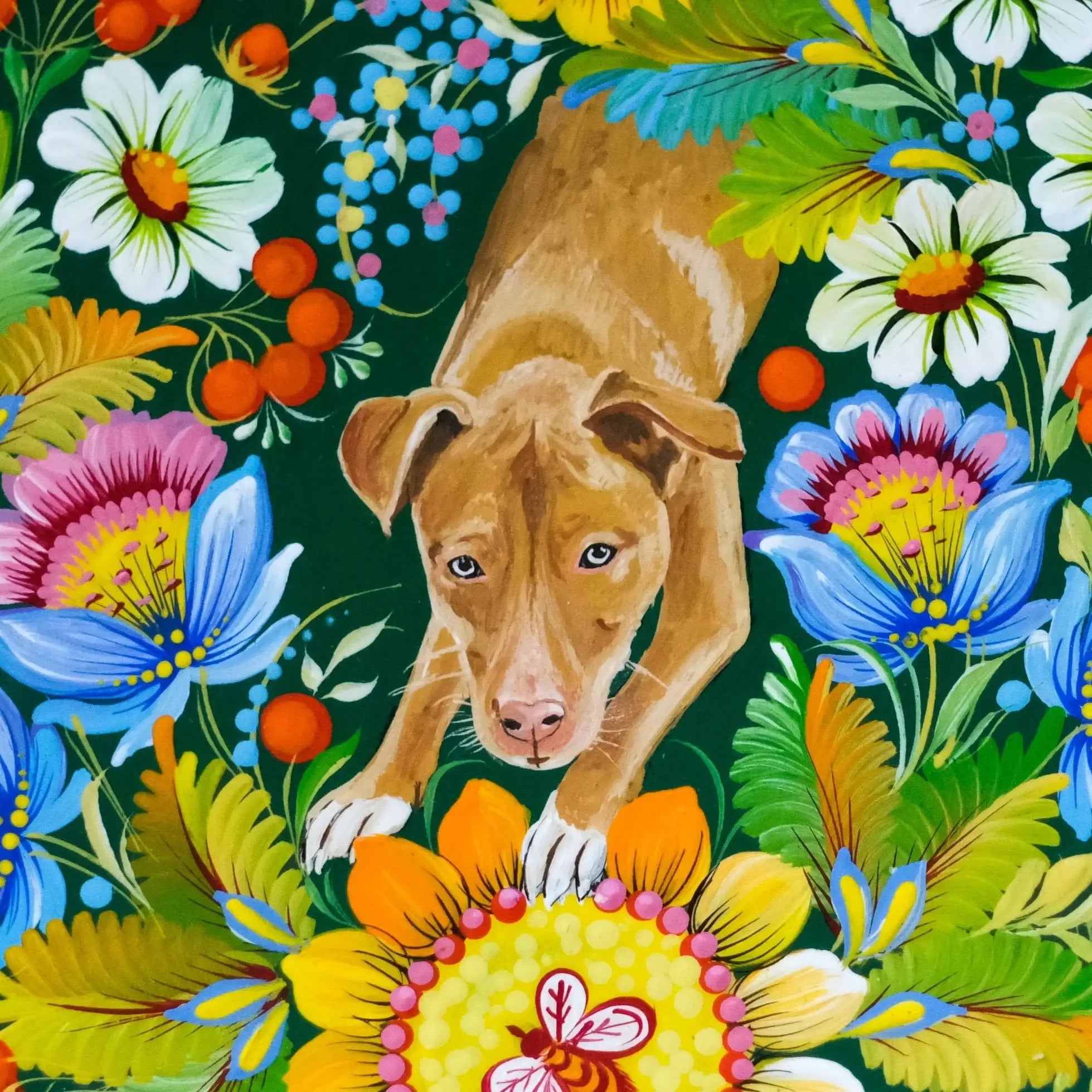 Custom Pet Portrait Painting on Wooden Plate - Personalized Pet Loss Memorial Gift, Dog Portrait Decorated with Petrykivka Art