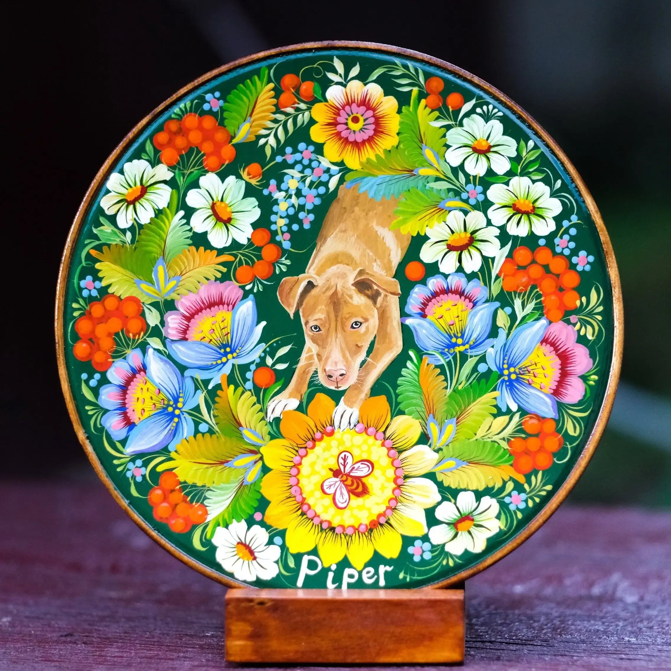 Custom Pet Portrait Painting on Wooden Plate - Personalized Pet Loss Memorial Gift, Dog Portrait Decorated with Petrykivka Art