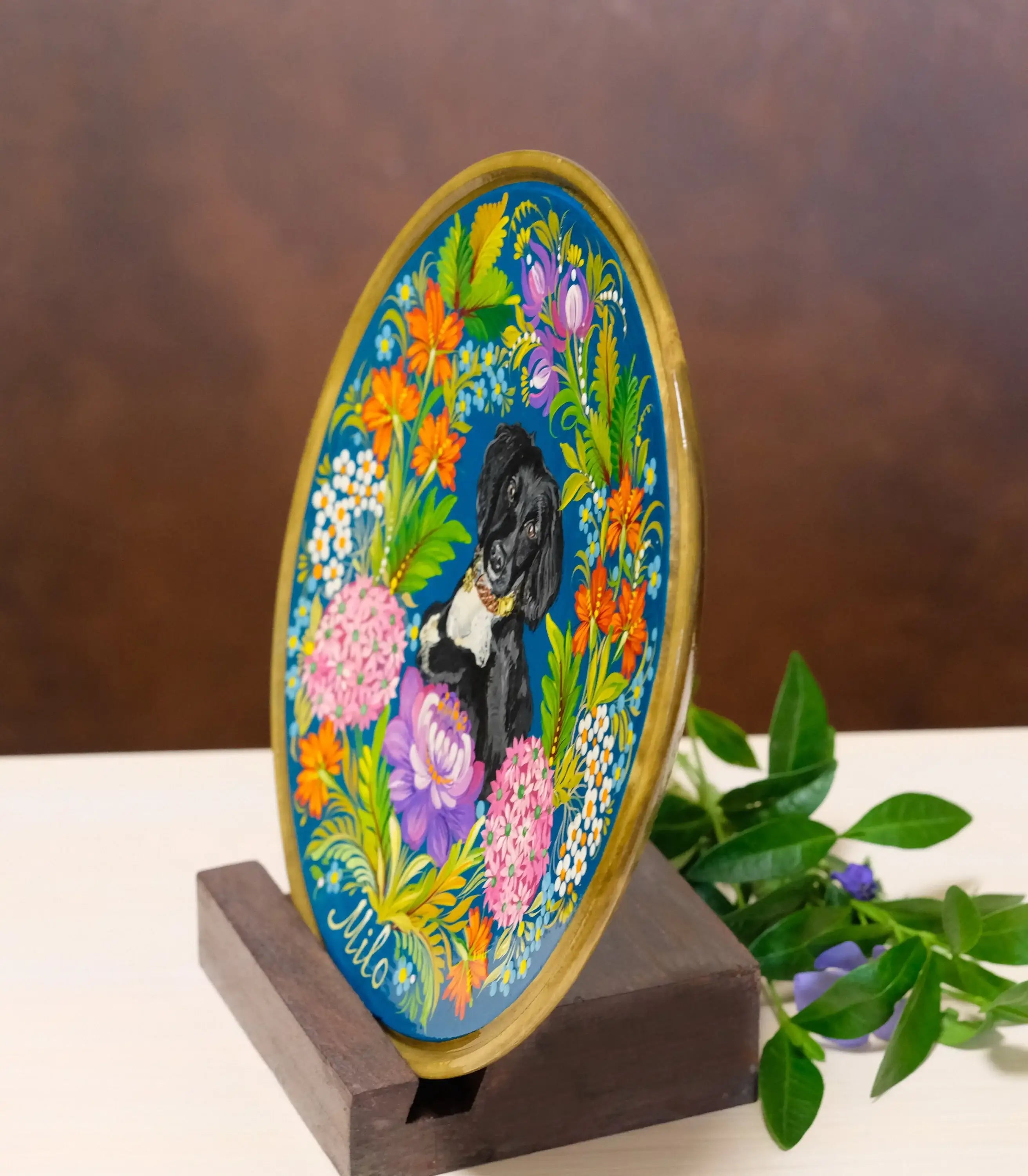 Custom Pet Portrait Painting on Wooden Plate - Personalized Pet Loss Memorial Gift, Animal Portrait Decorated with Petrykivka Art