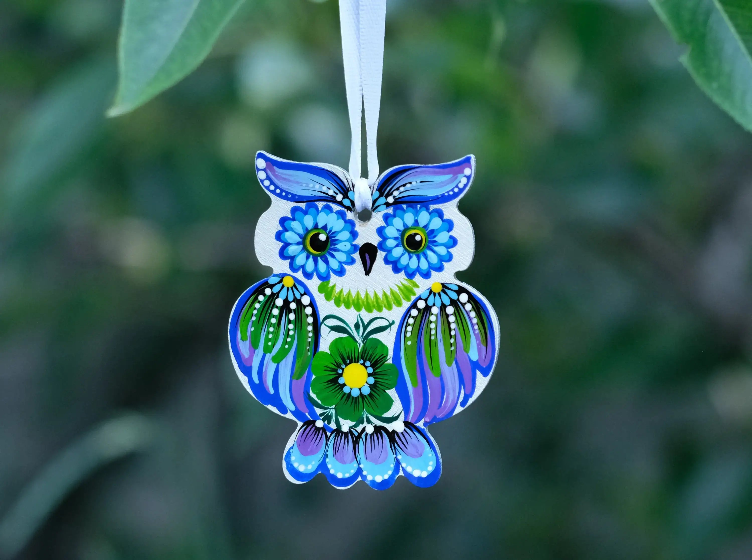 Wooden Owl Christmas Ornament Hand-painted with Petrylivka Art