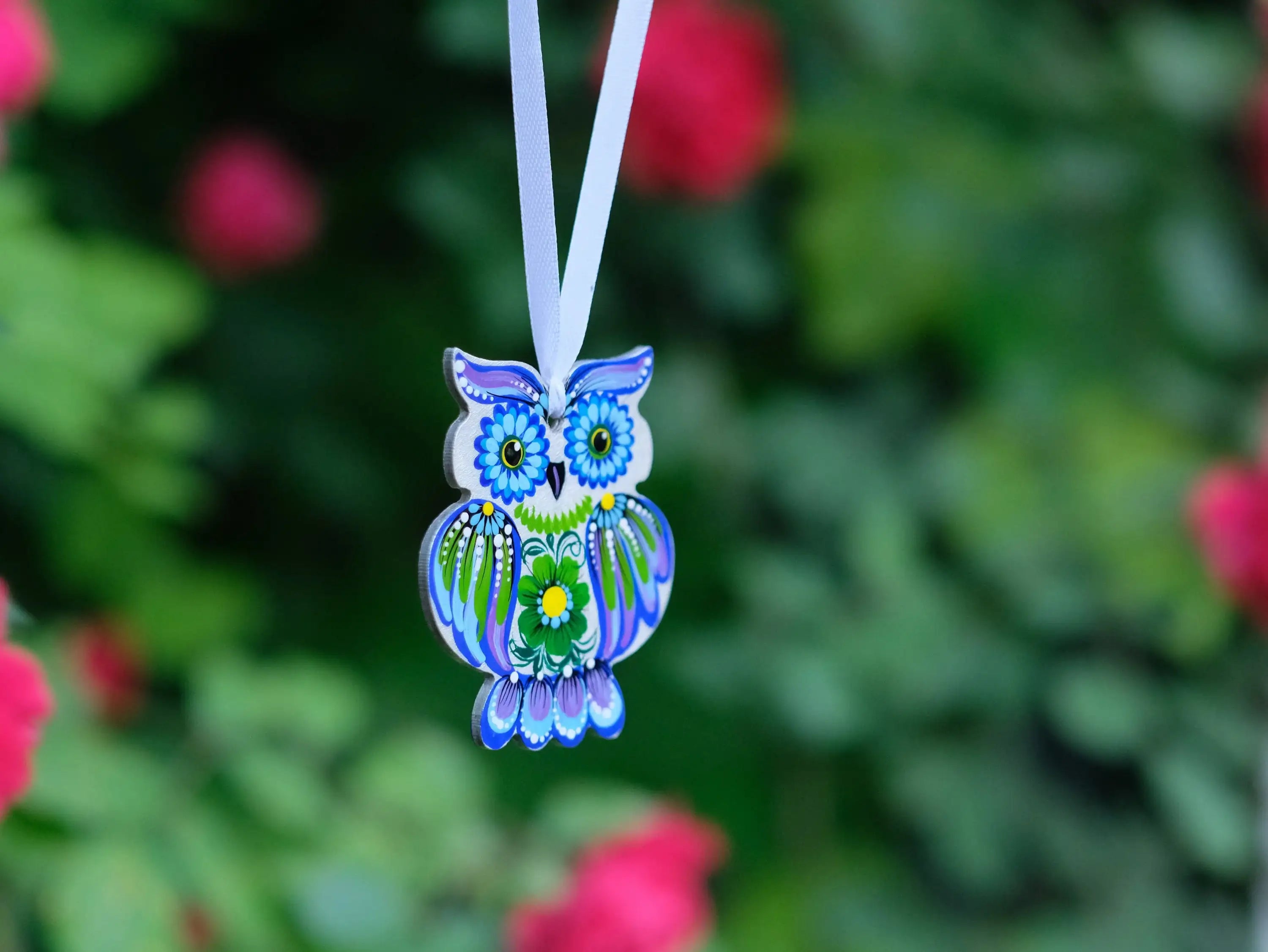 Wooden Owl Christmas Ornament Hand-painted with Petrylivka Art