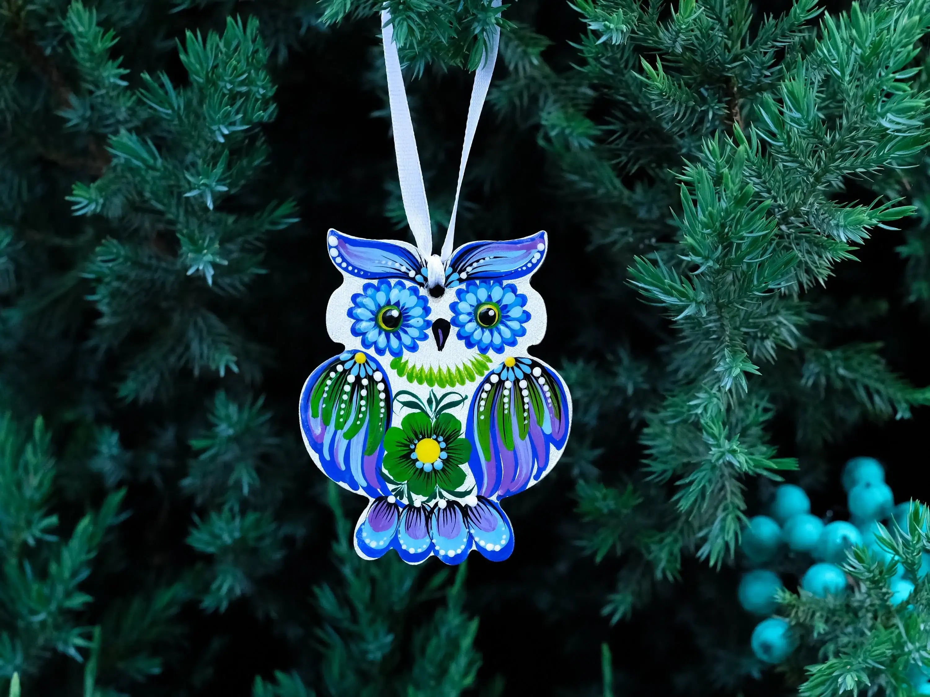 Wooden Owl Christmas Ornament Hand-painted with Petrylivka Art