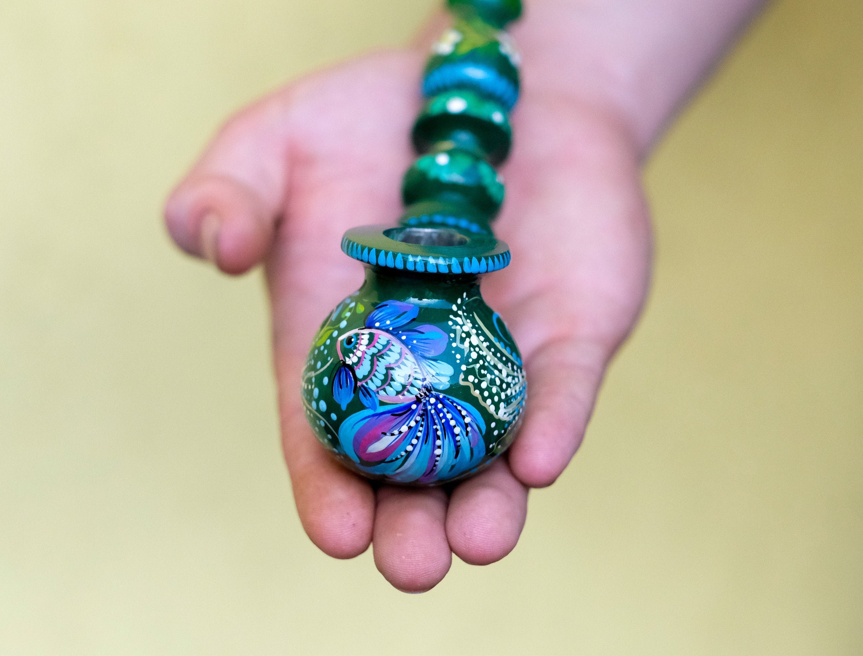Painted Fish Smoking Pipe - Wooden Tobacco Pipe with Ukrainian Folk Art Petrykivka