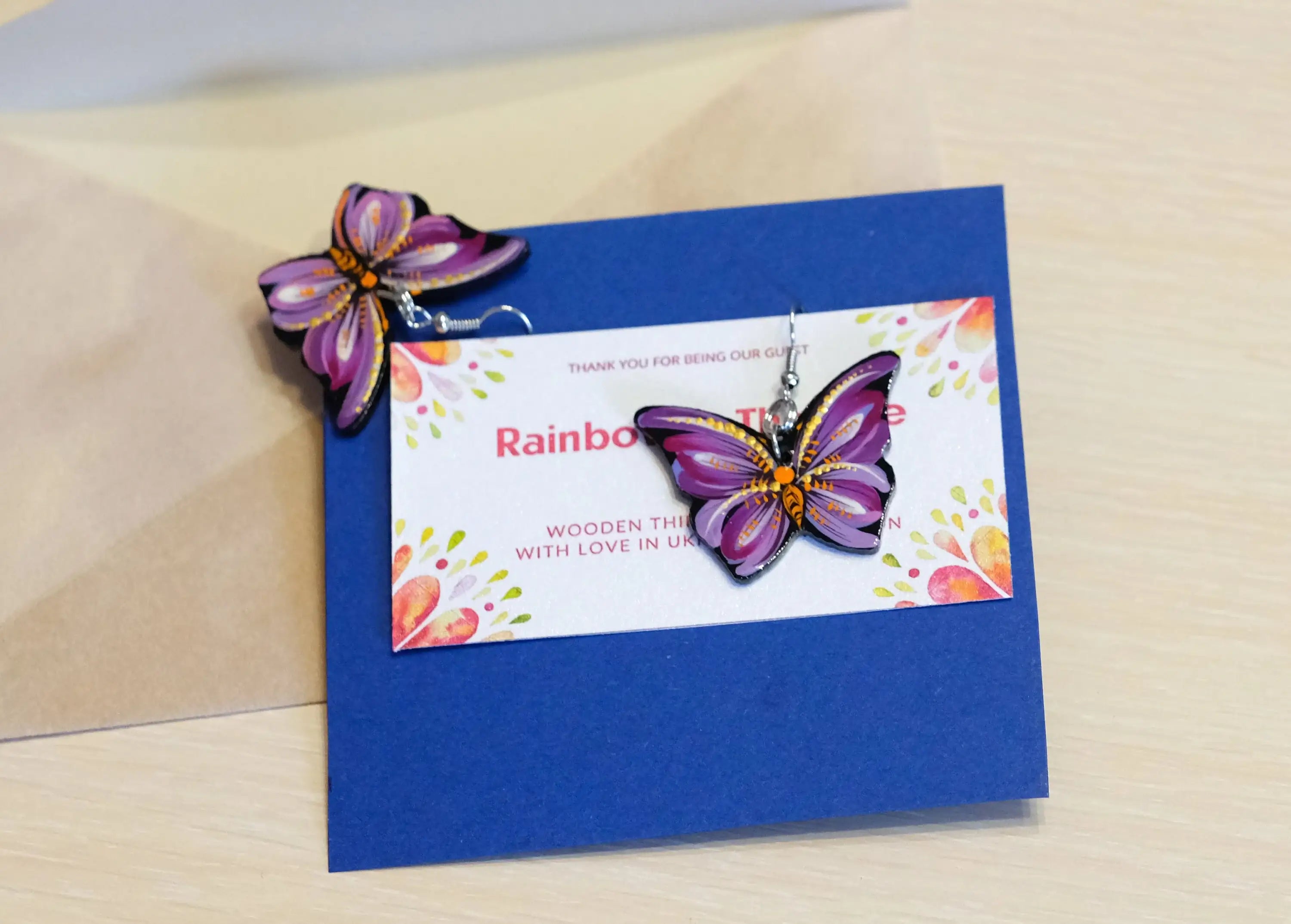 Hypoallergenic Painted Wooden Butterfly Earrings - Artisanal Dangle Drop Purple Statement Earrings