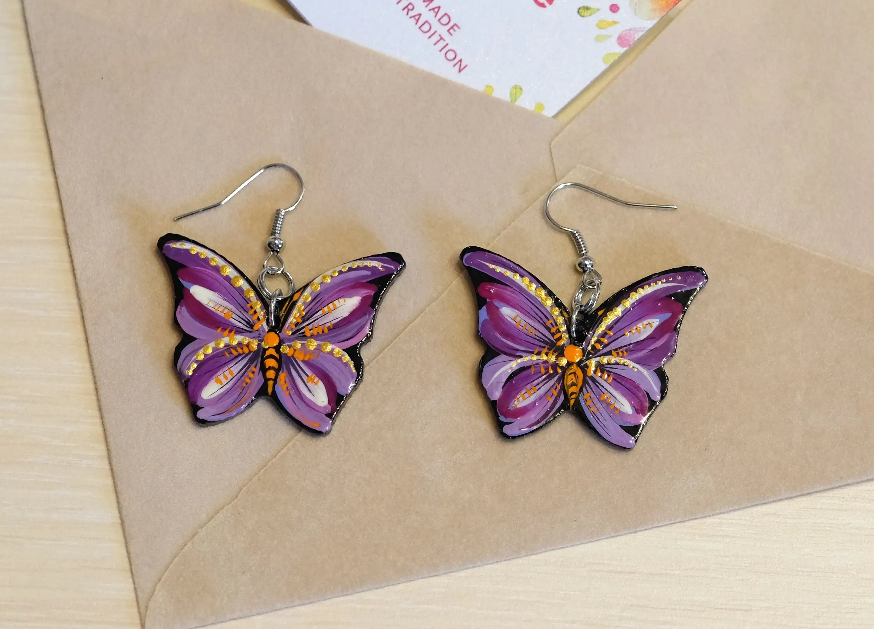 Hypoallergenic Painted Wooden Butterfly Earrings - Artisanal Dangle Drop Purple Statement Earrings