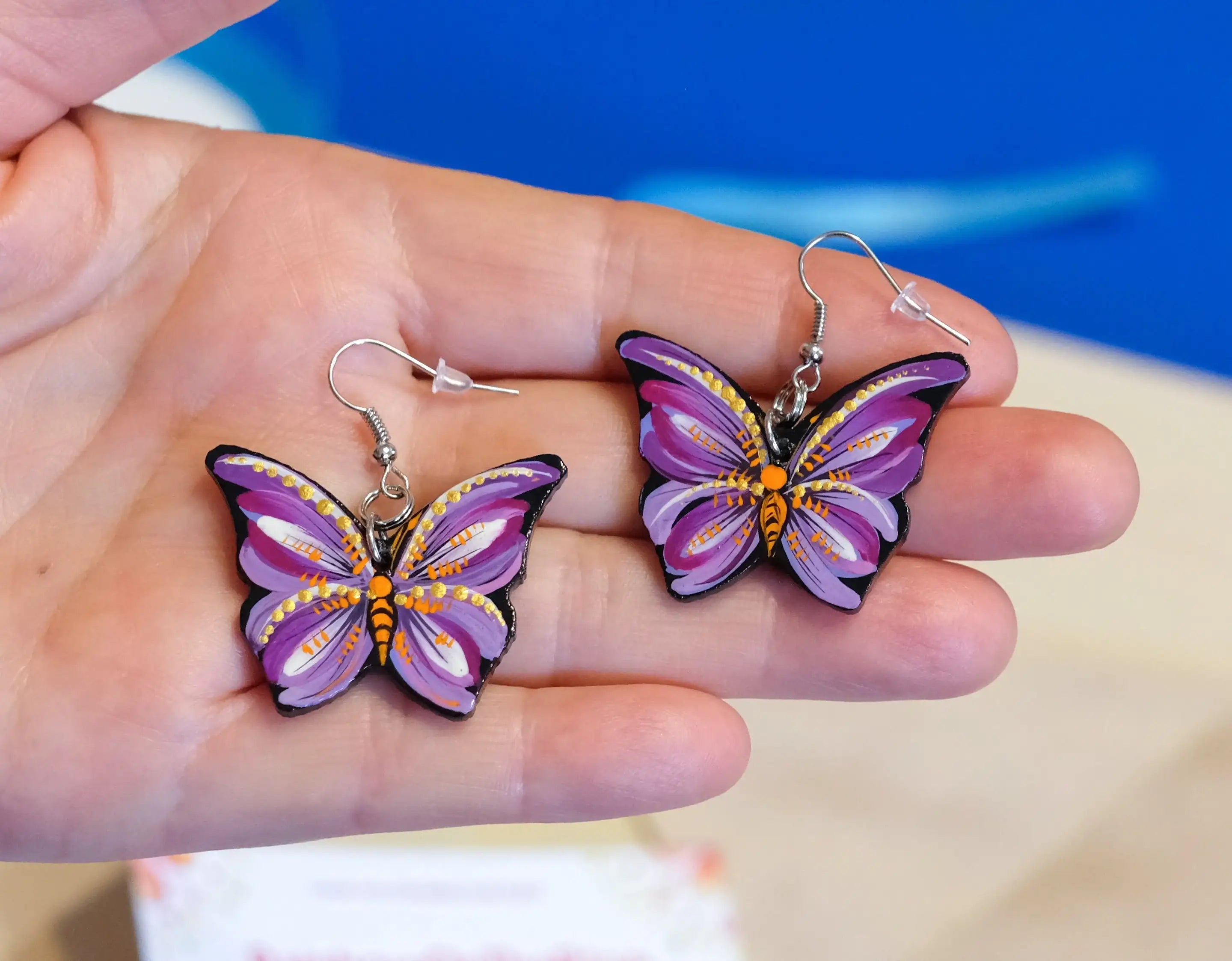 Hypoallergenic Painted Wooden Butterfly Earrings - Artisanal Dangle Drop Purple Statement Earrings